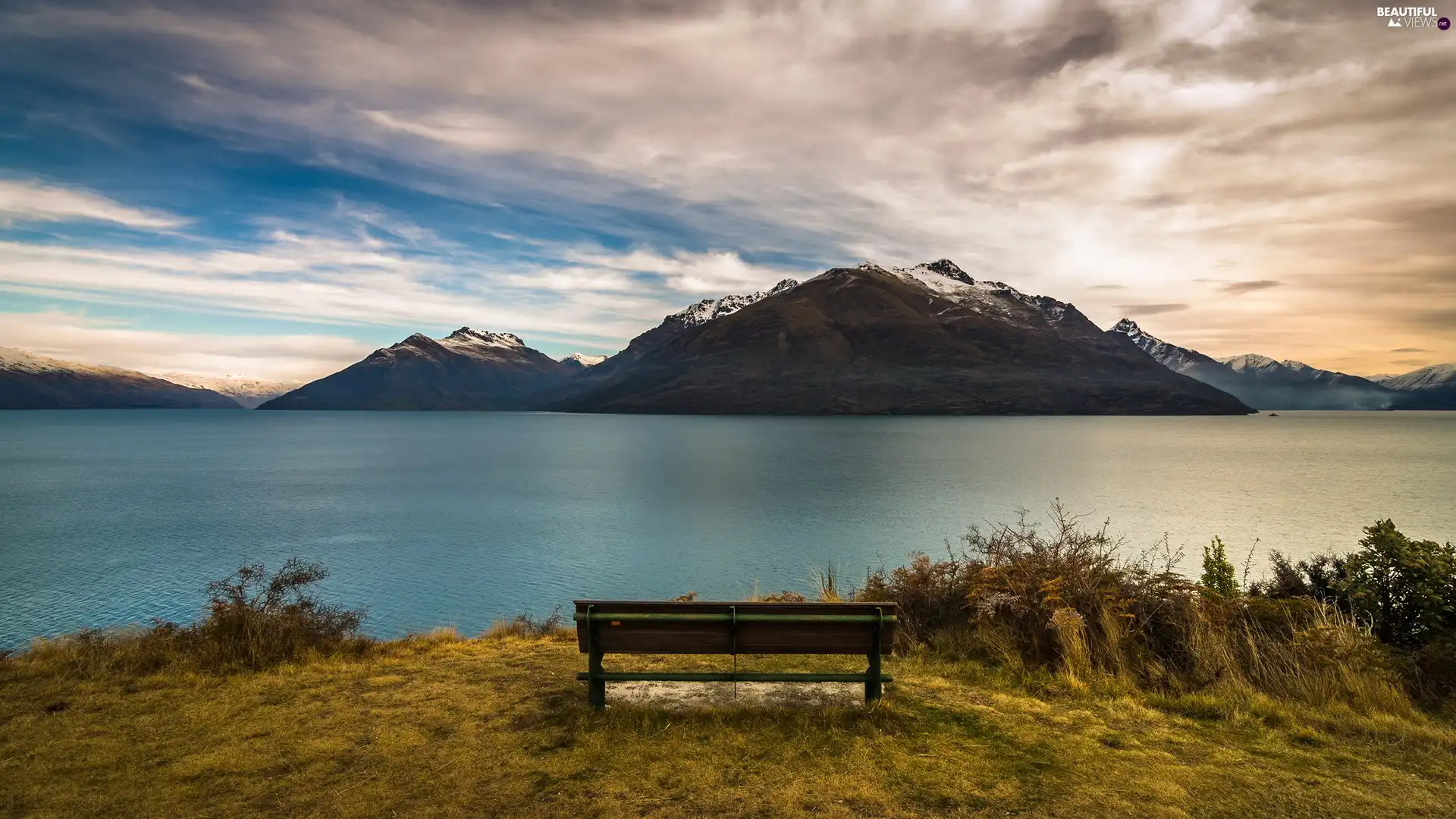 Mountains, Bench, Sky, lake