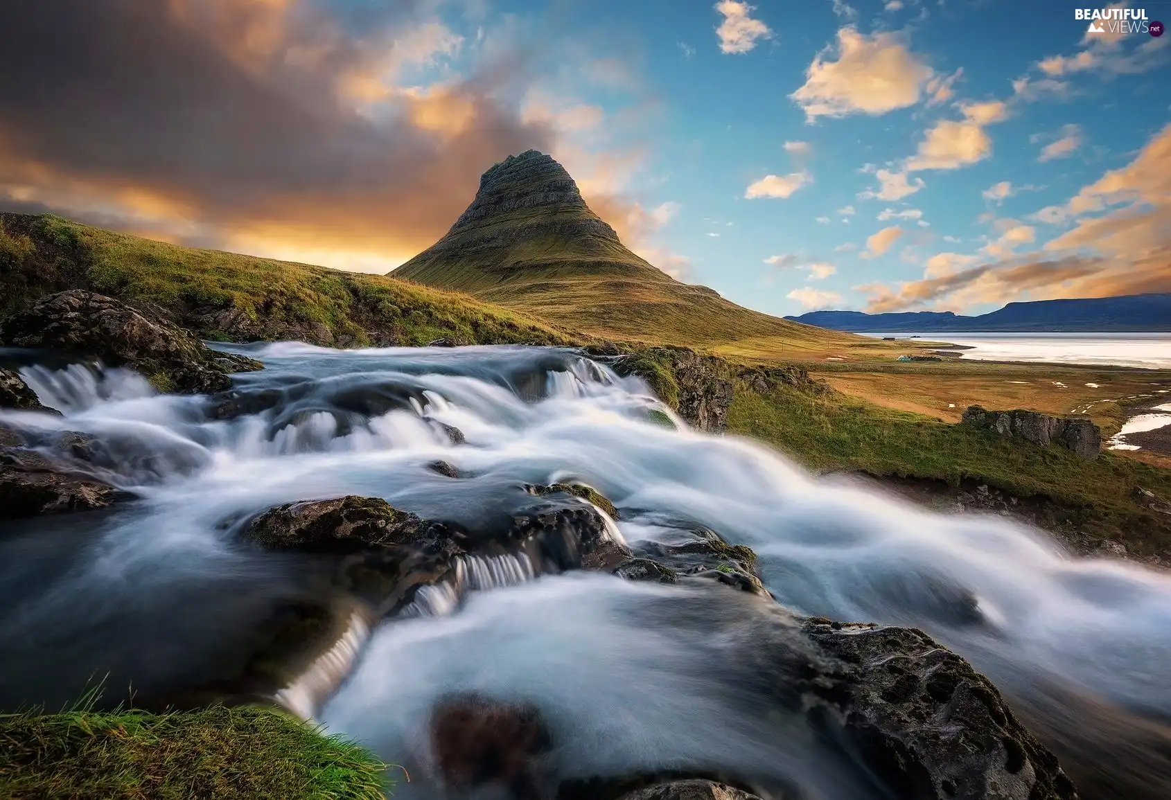 Sky, cascade, mountains