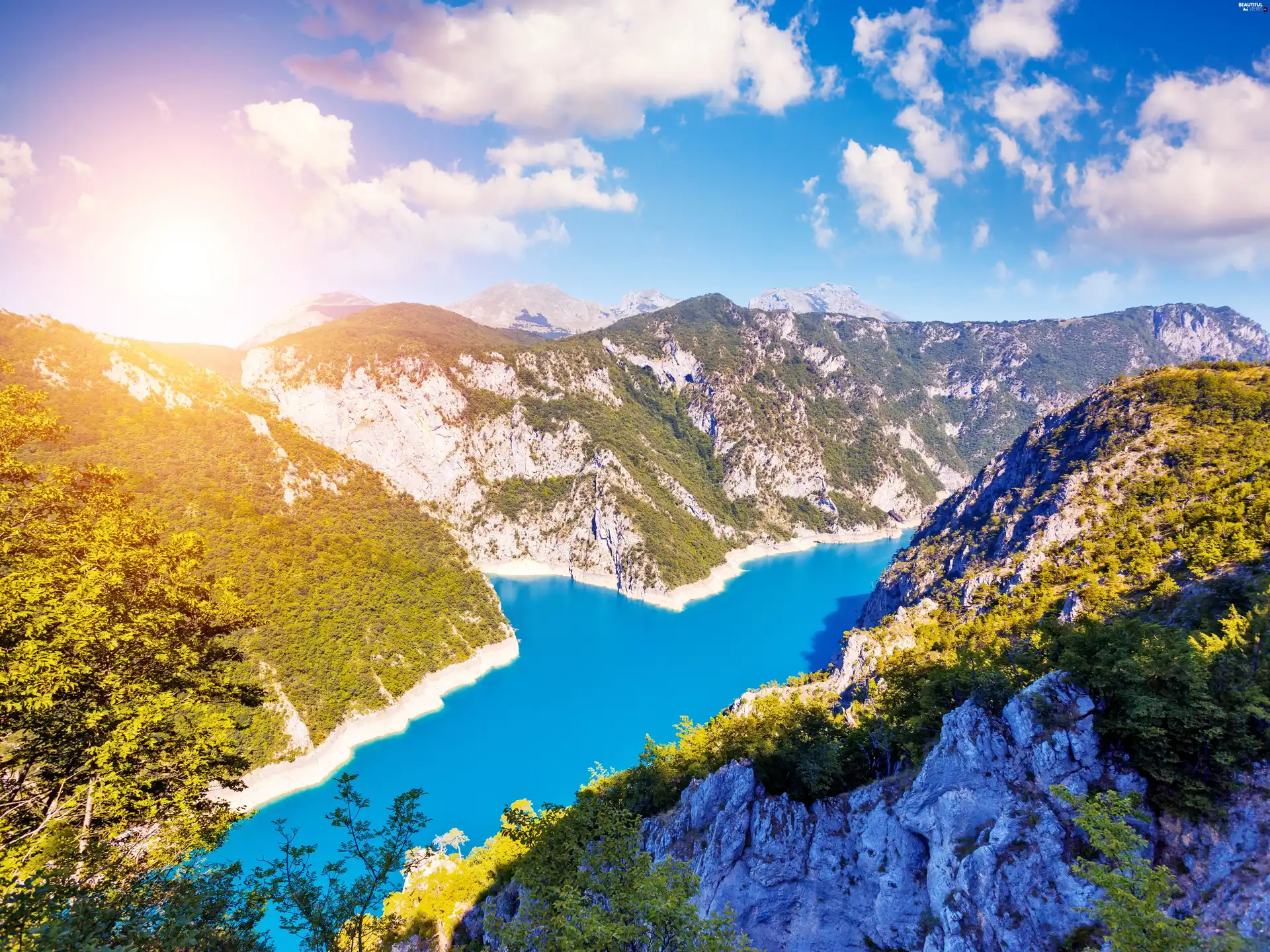 Mountains, clouds, Sky, lake