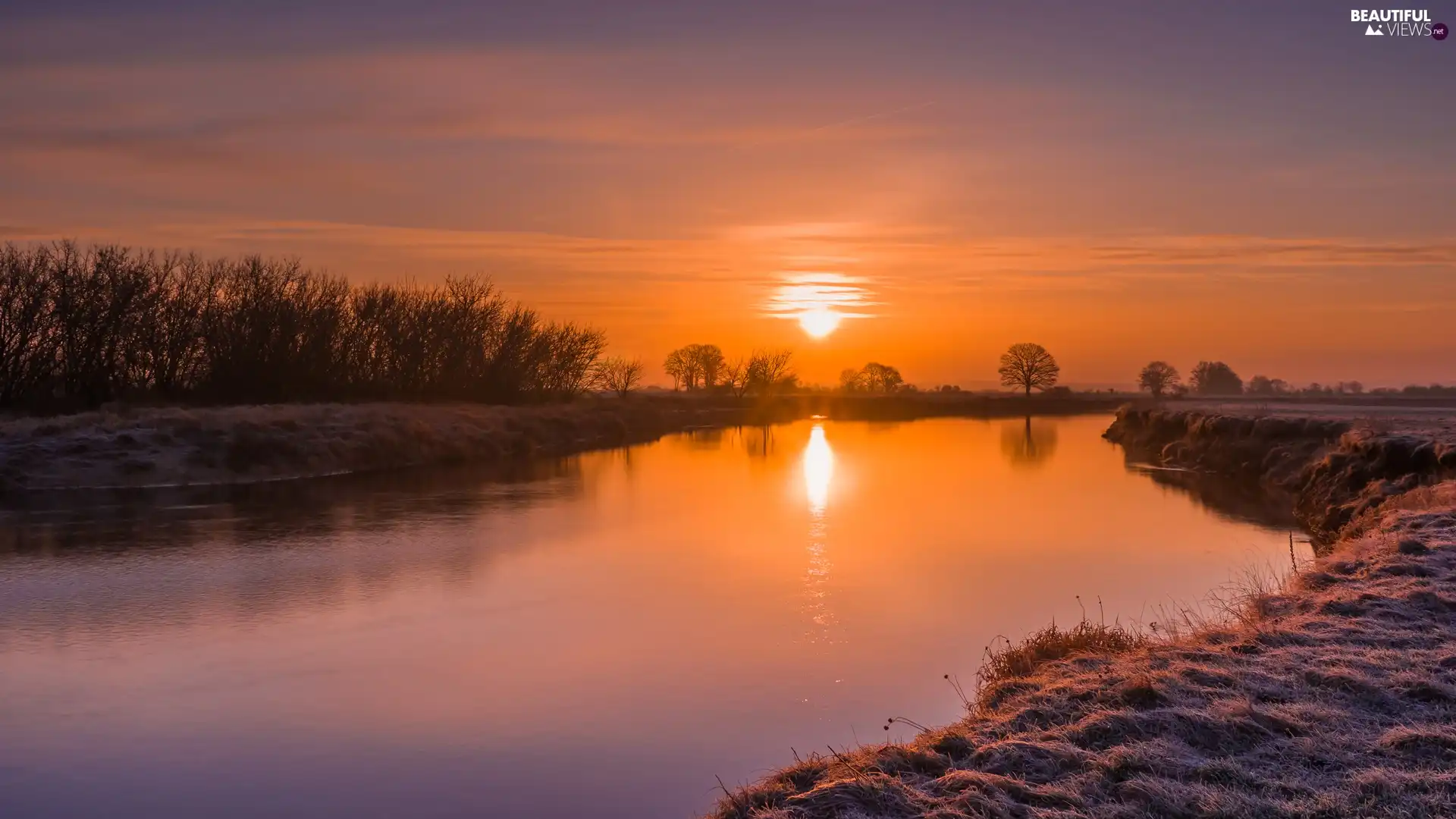 viewes, River, Orange, Sky, Great Sunsets, trees