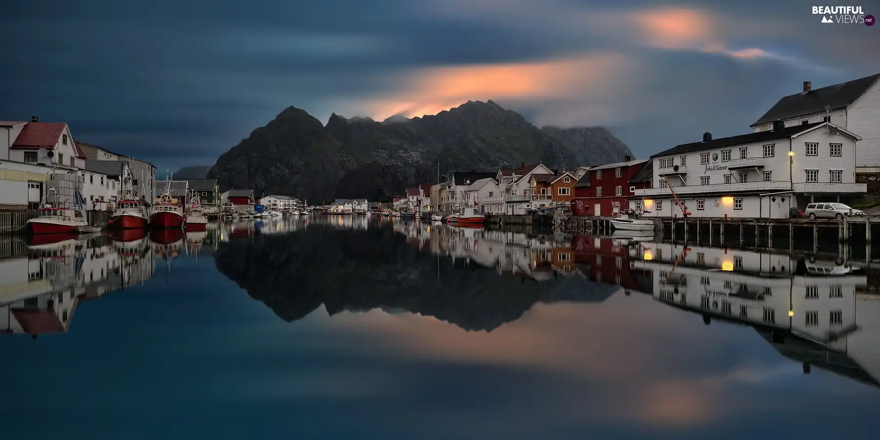 Mountains, Houses, Sky, port, evening, lake