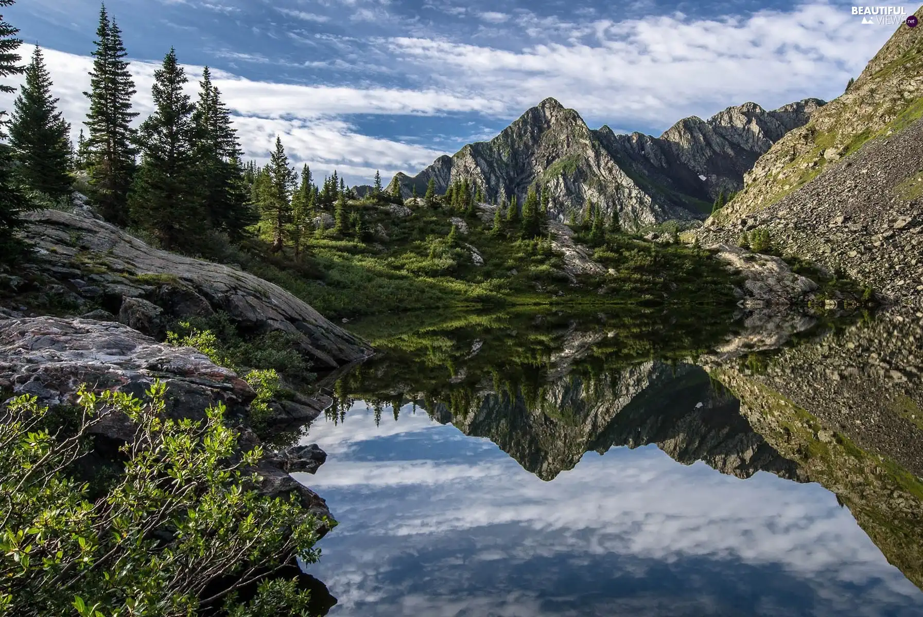 viewes, Mountains, Sky, reflection, water, trees