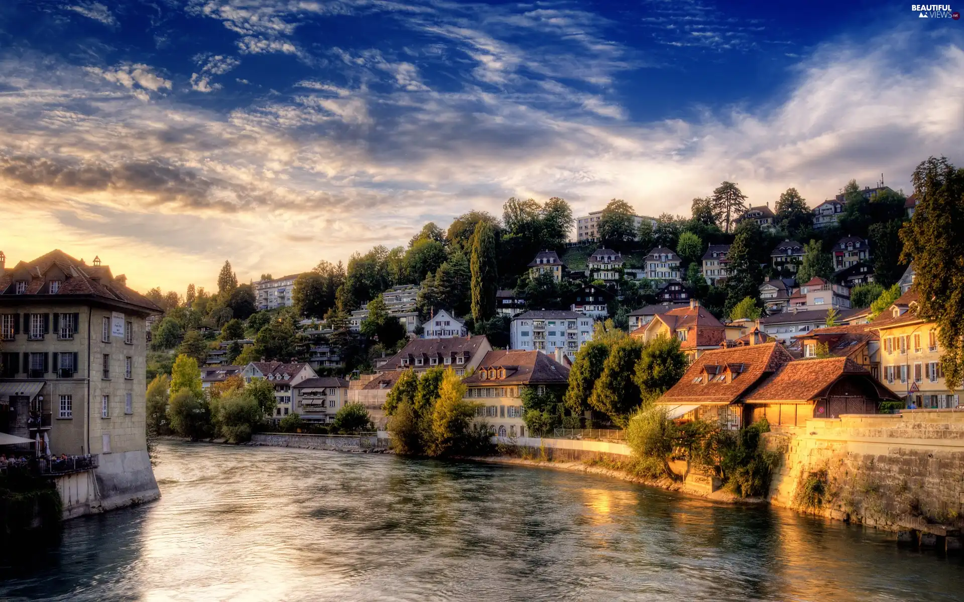 River, Town, Sky, buildings