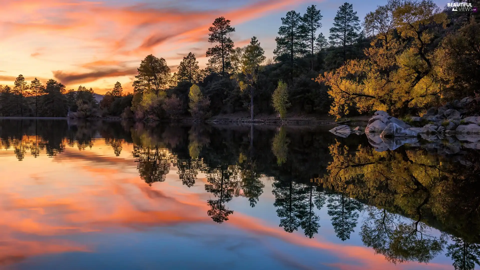 trees, color, rocks, Sky, lake, viewes, reflection