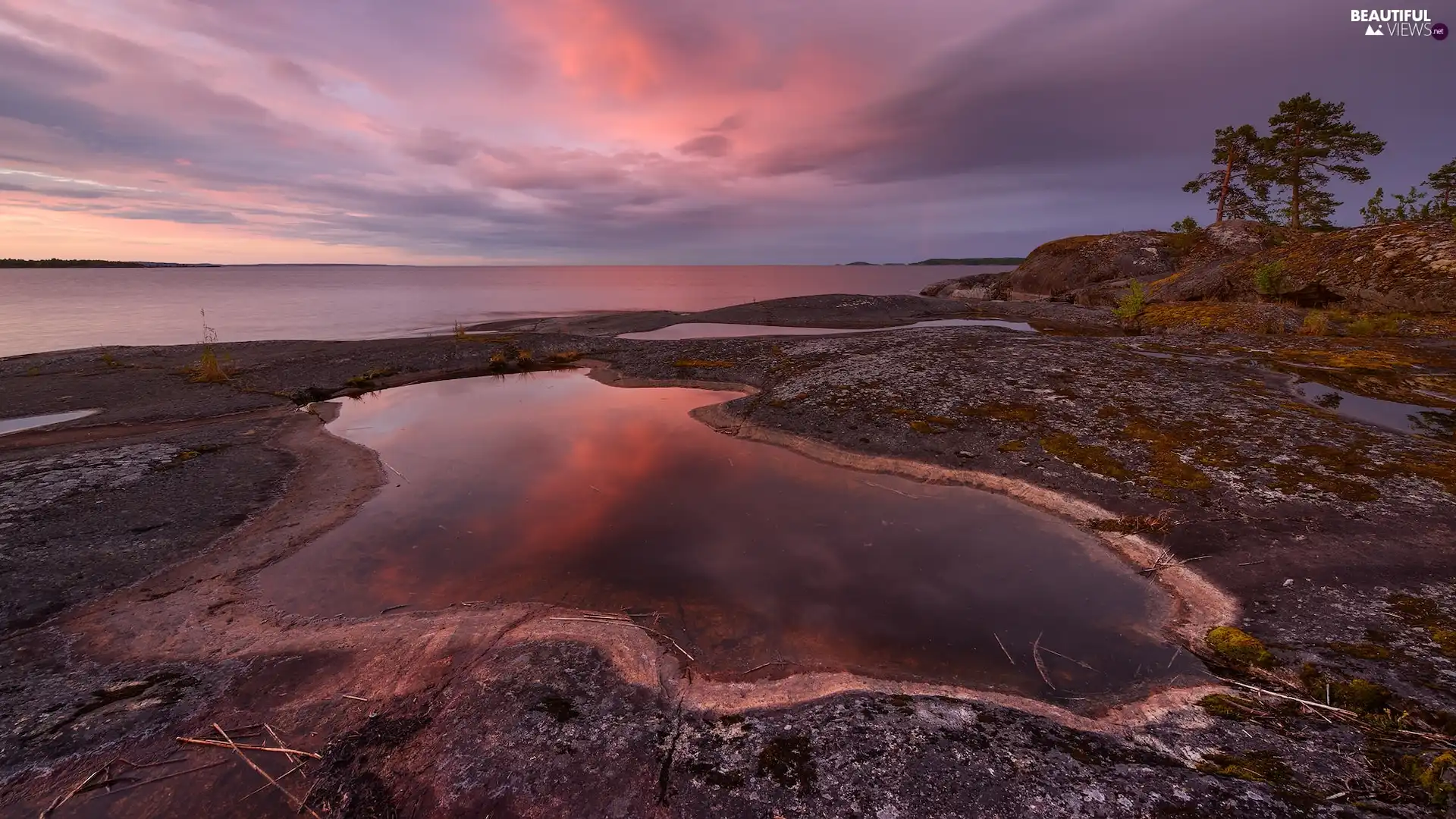 trees, lake, color, Sky, viewes, rocks