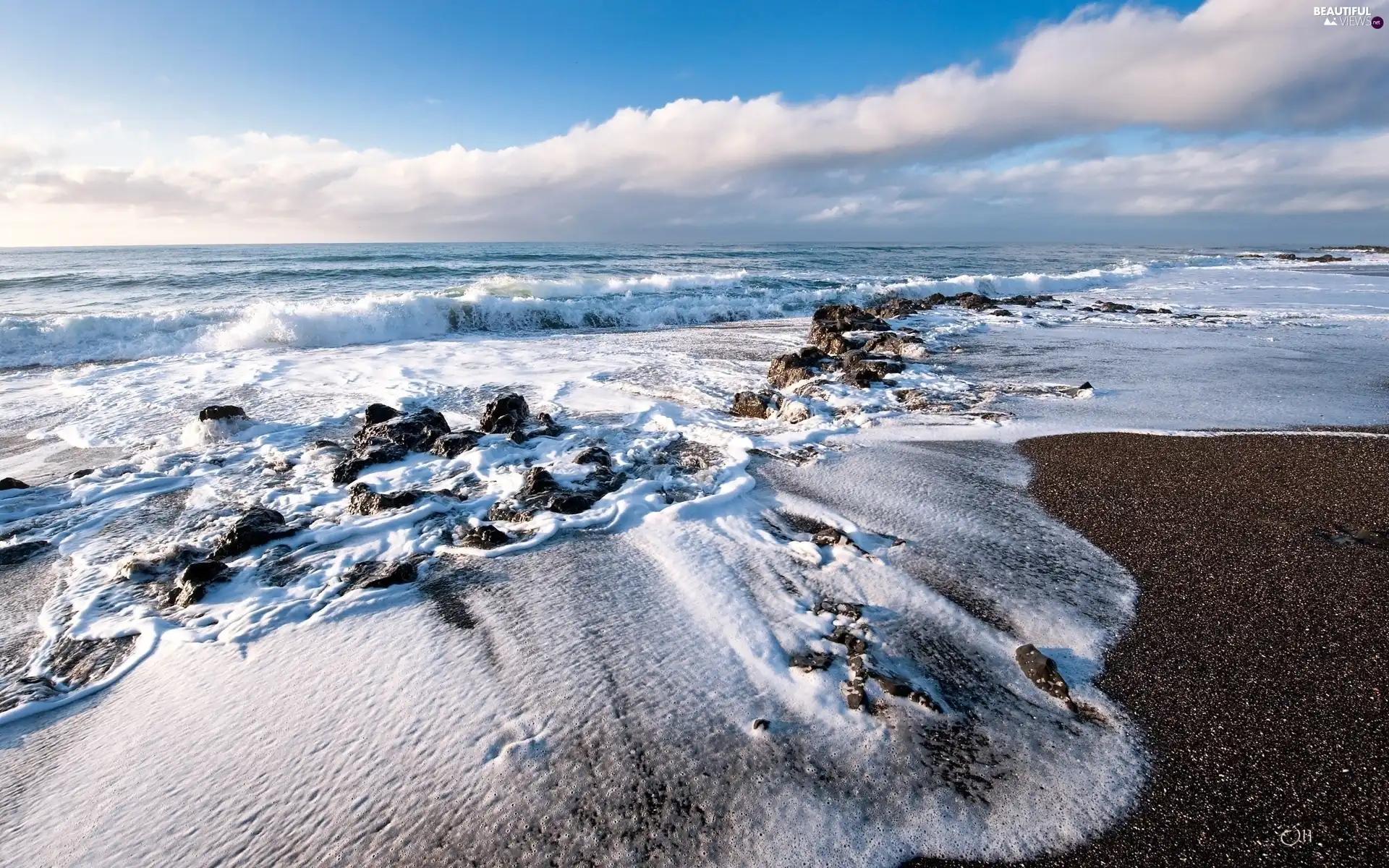 sea, clouds, Sky, Waves