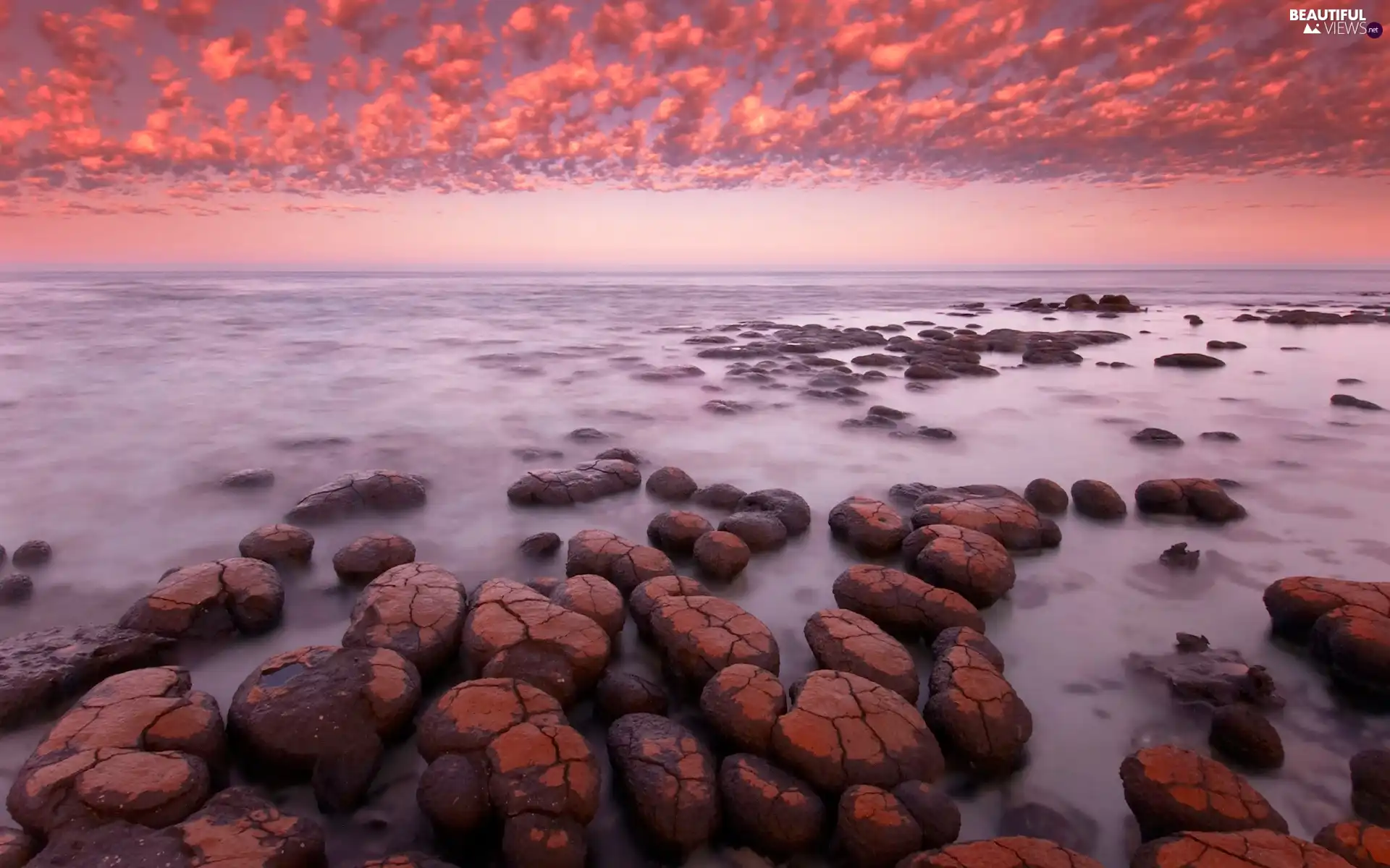 Stones, Red, Sky, sea