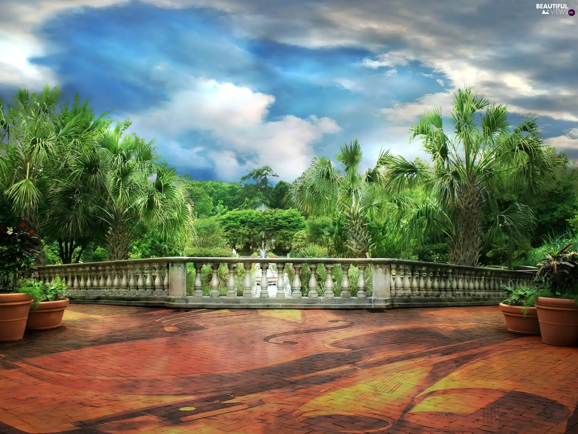 terrace, viewes, Sky, trees