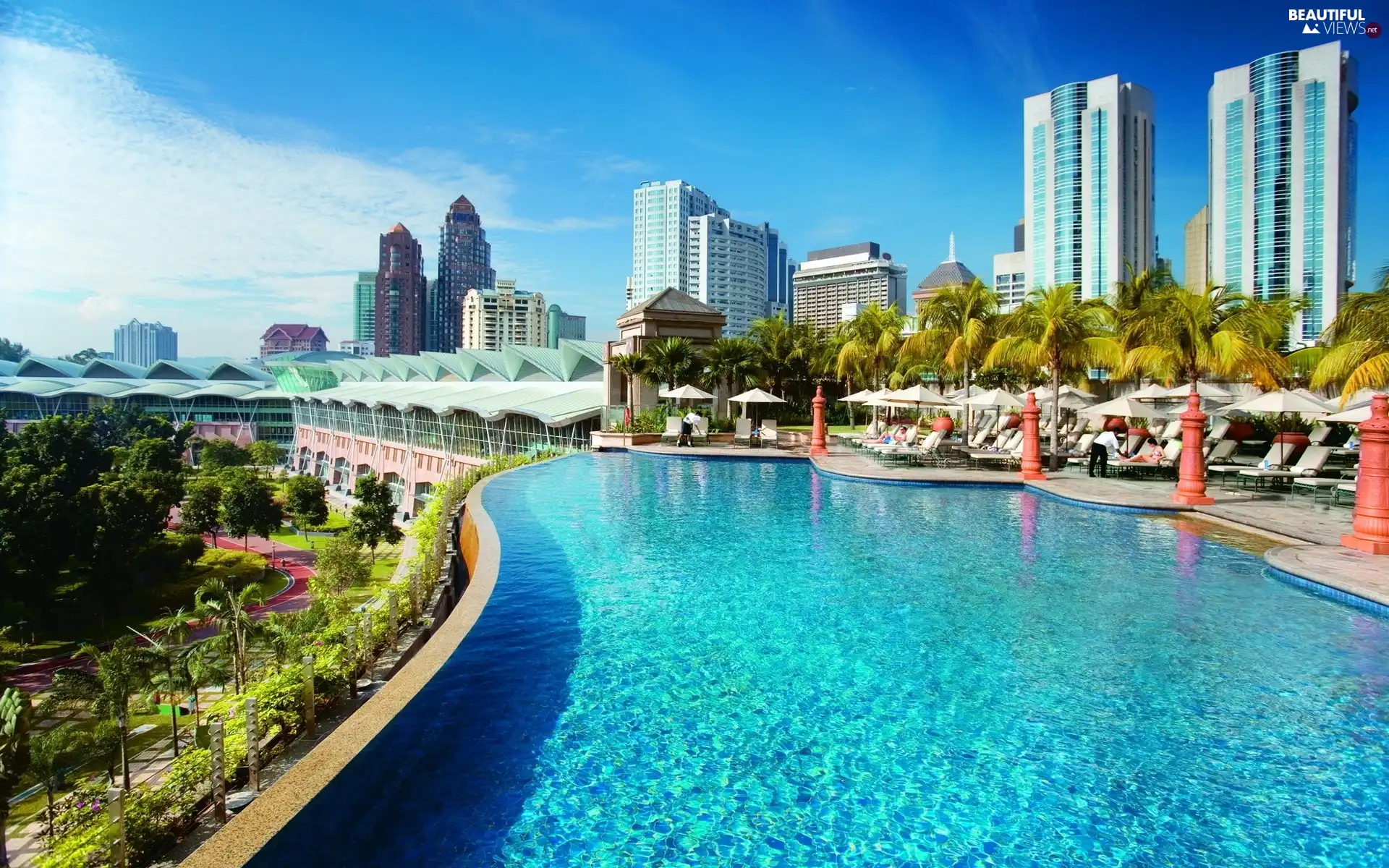 Town, Palms, Sky, Pool