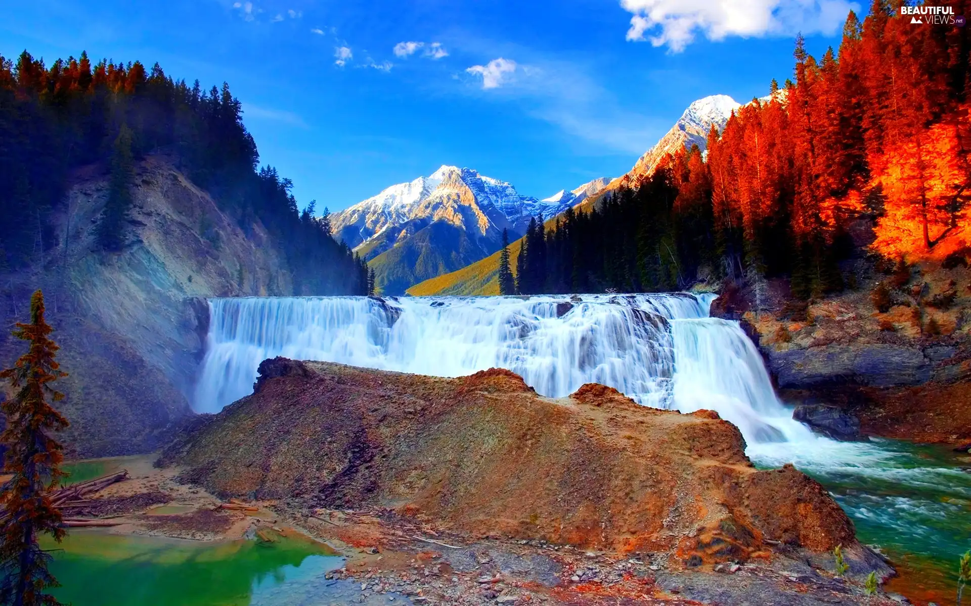 Sky, Mountains, waterfall