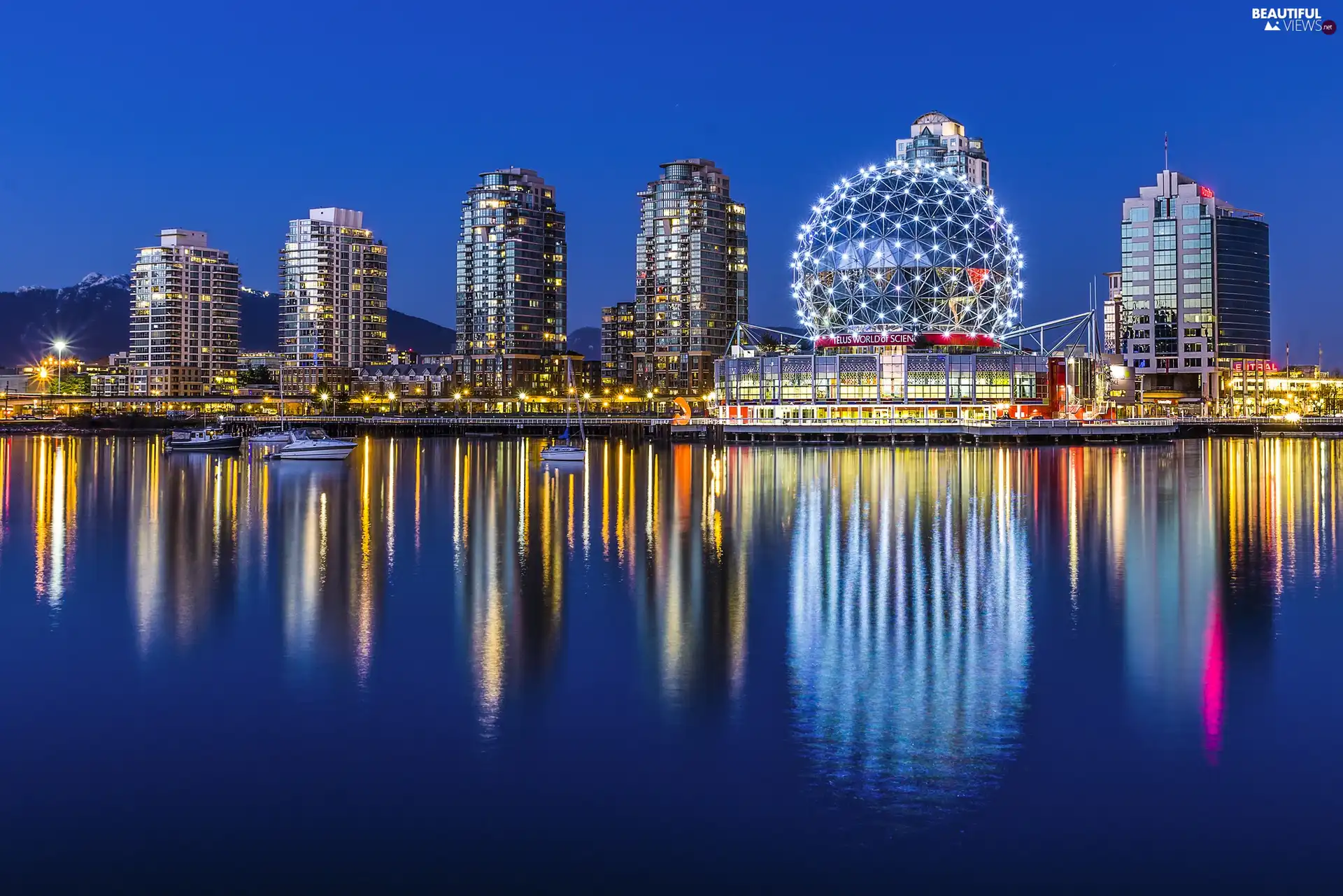 River, skyscrapers, Night Vancouver, Town