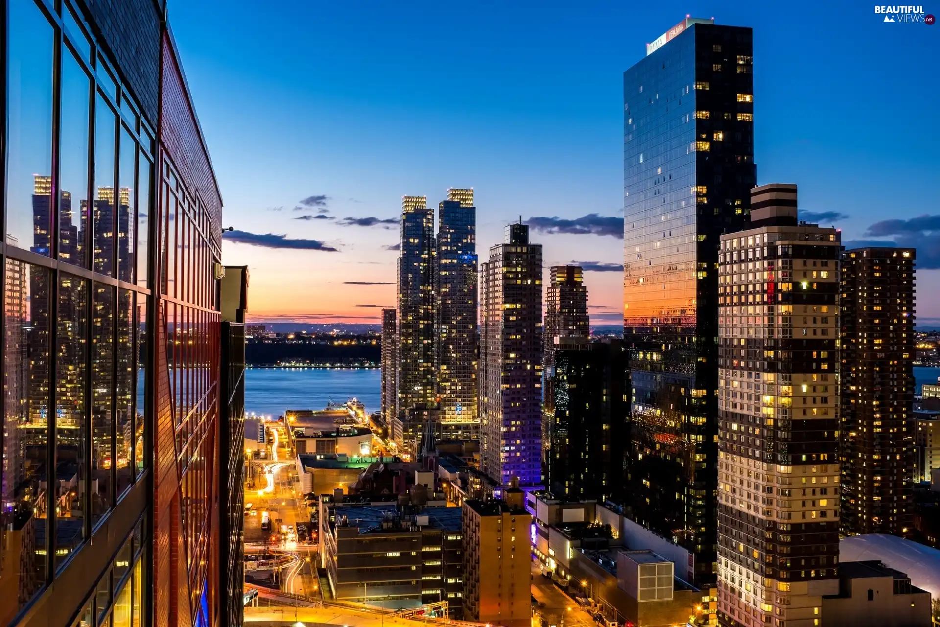 River, Great Sunsets, USA, skyscrapers, New York