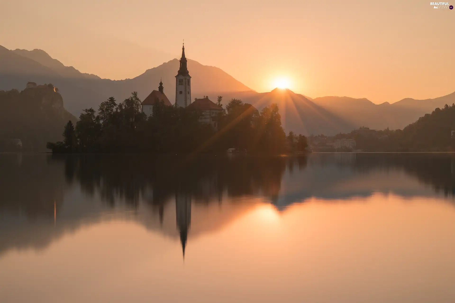 Blejski Otok Island, Church of the Annunciation of the Virgin Mary, reflection, Mountains, Sunrise, Lake Bled, Slovenia, Julian Alps