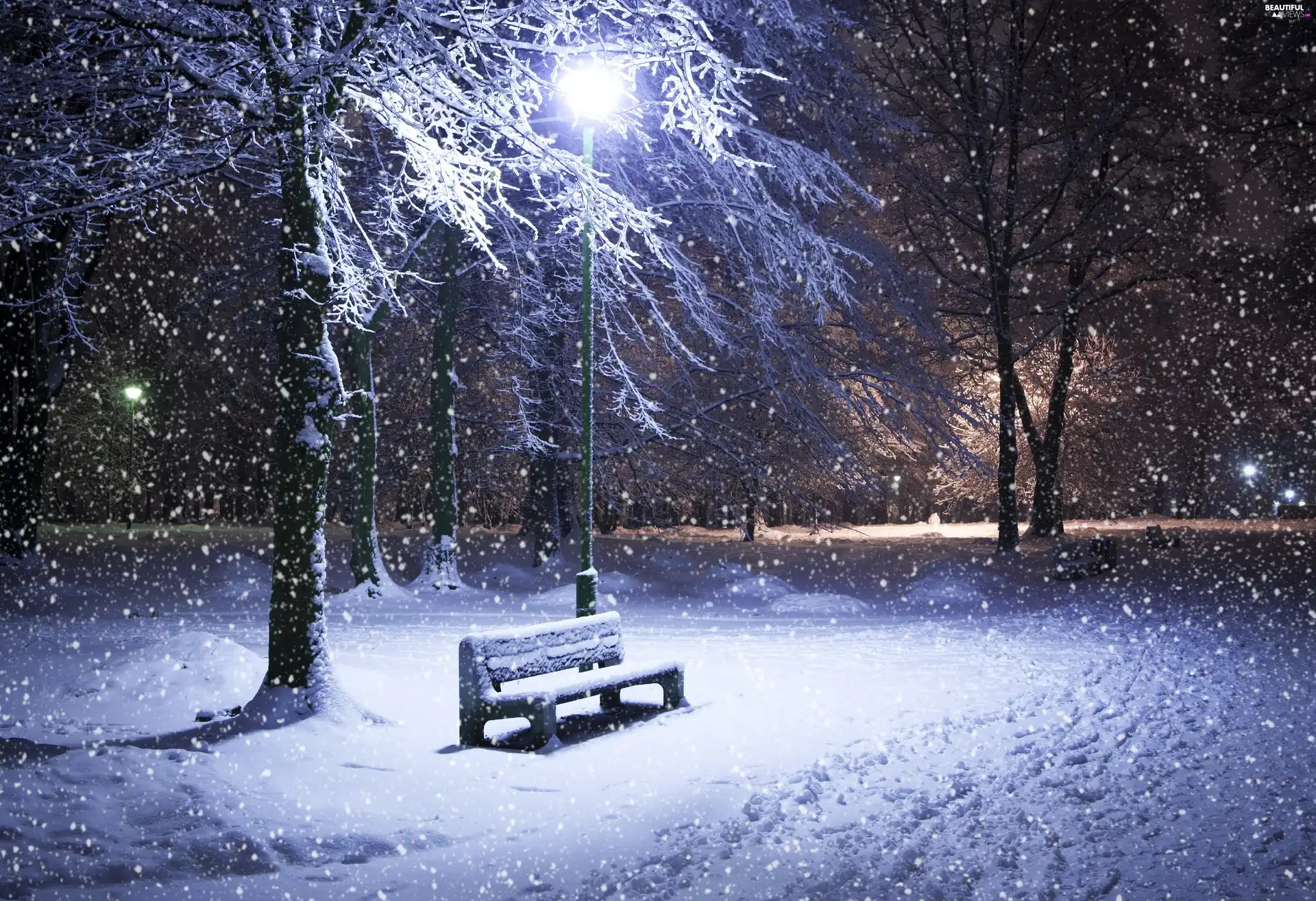 snow, winter, Bench