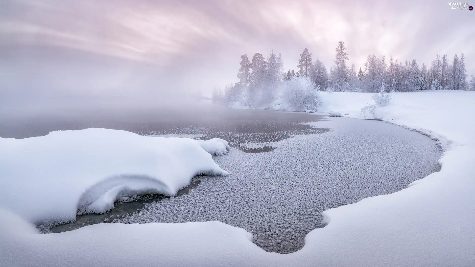 viewes, snow, Fog, trees, lake