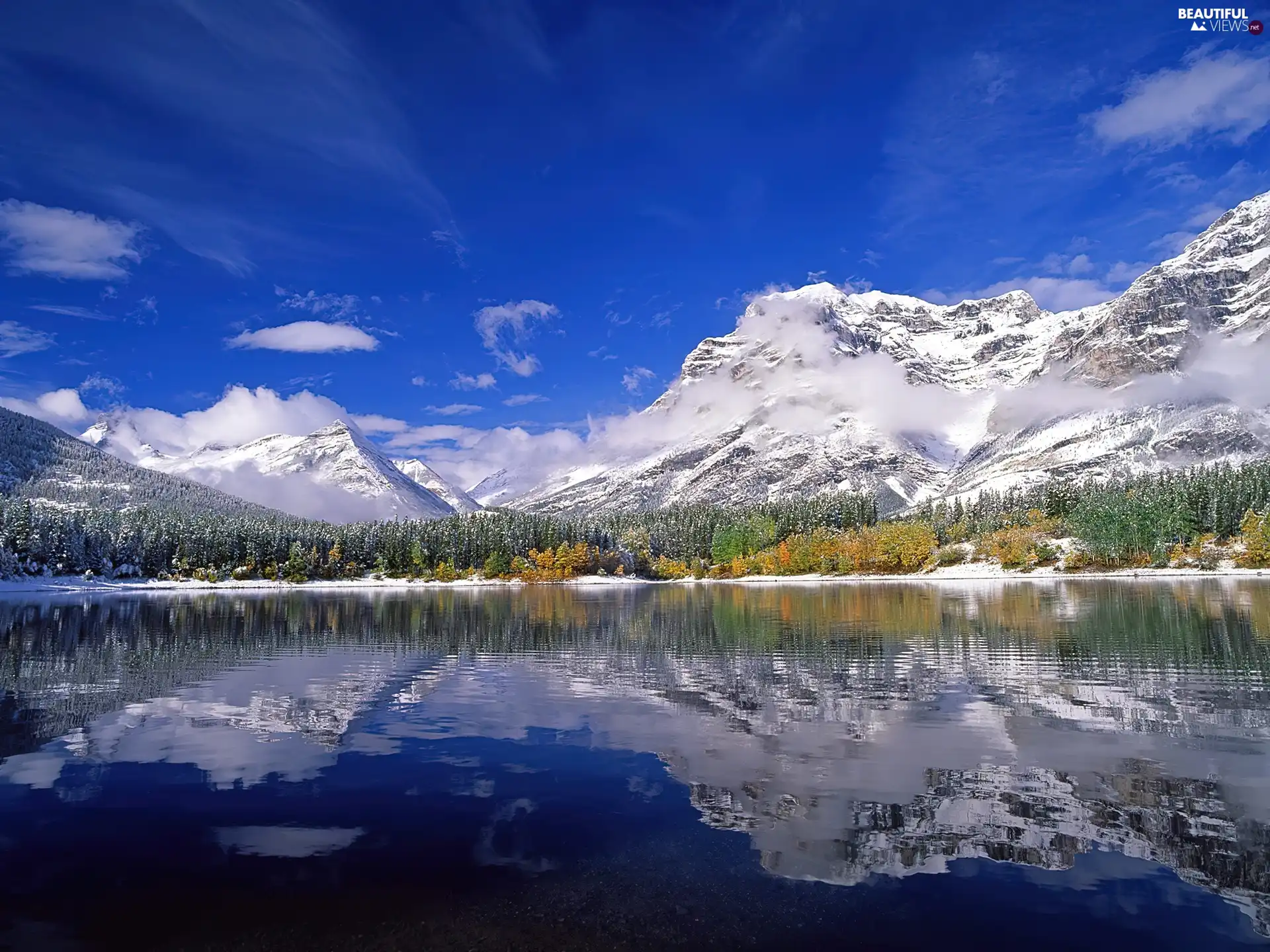 lake, clouds, snow, Mountains