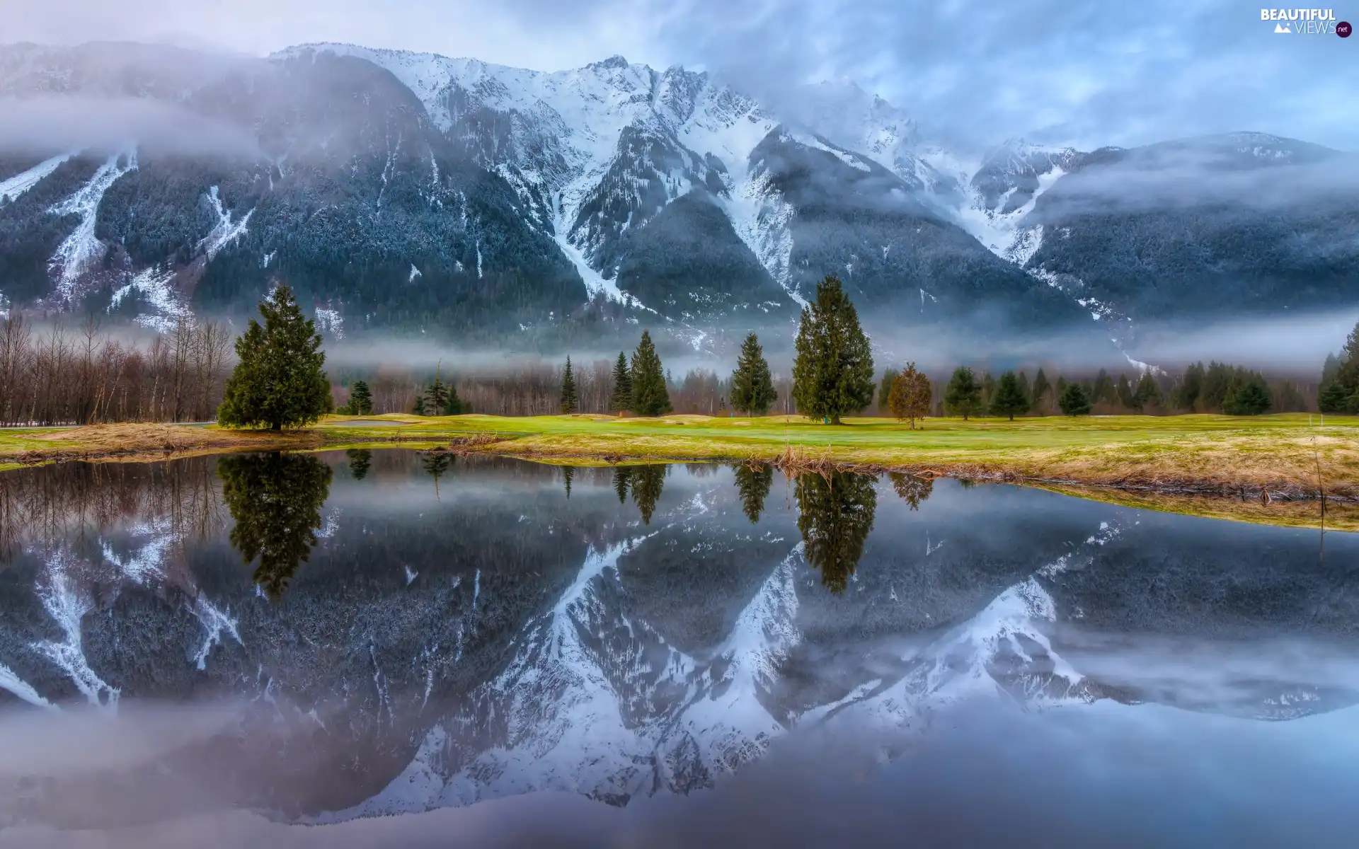snow, Mountains, trees, viewes, grass, coast, lake, reflection, Fog