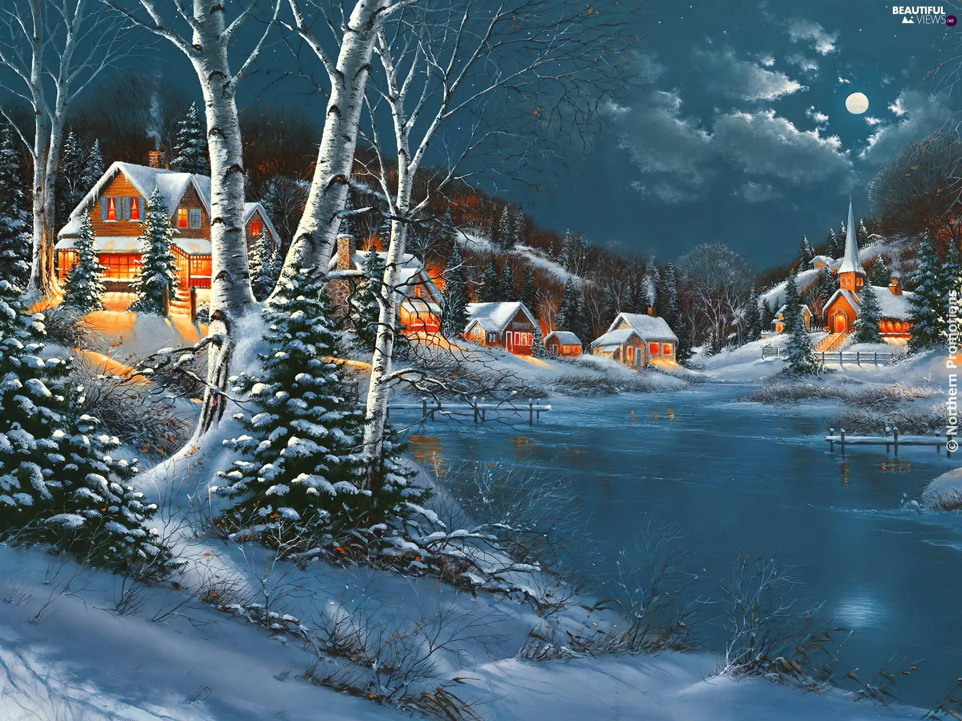 snow, lake, Houses, winter, illuminated