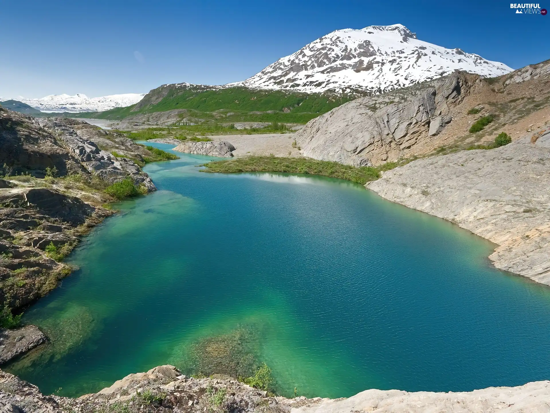 snow, Mountains, lake