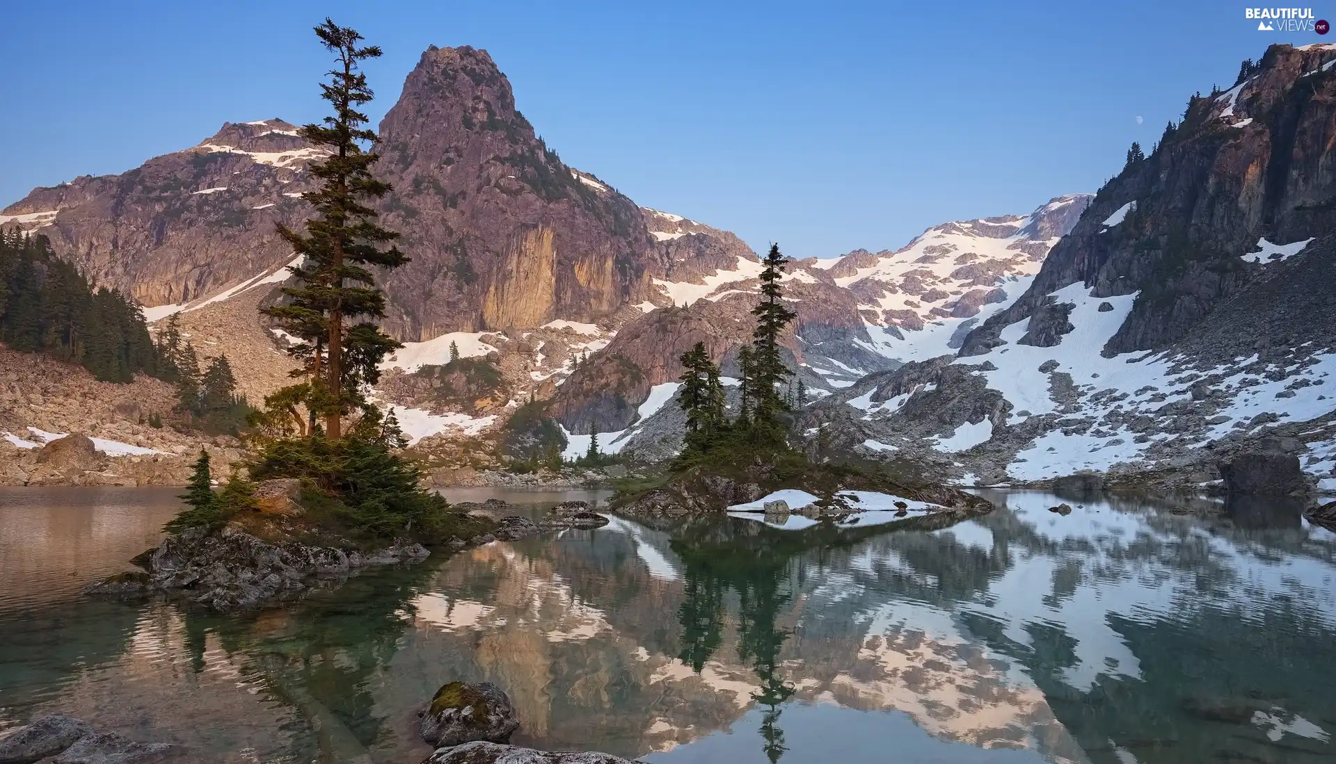 trees, Mountains, reflection, snow, viewes, lake