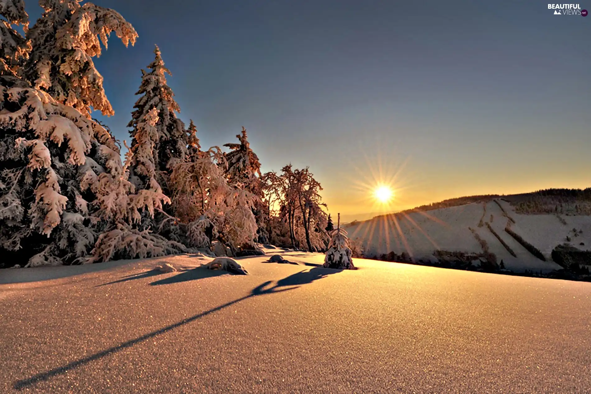 snow, Mountains, west, sun, Christmas