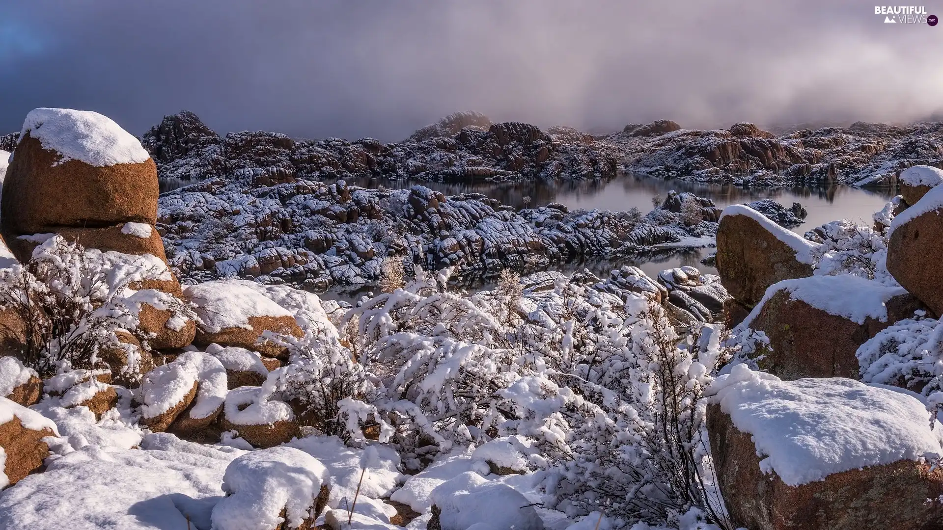 winter, snow, rocks, lake, Mountains