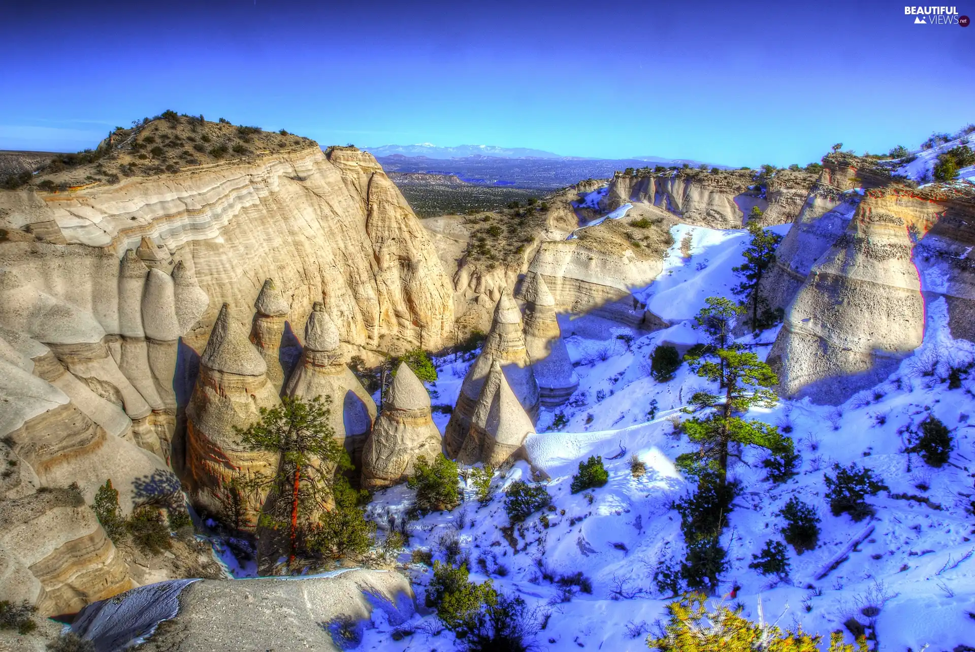 rocks, viewes, snow, trees