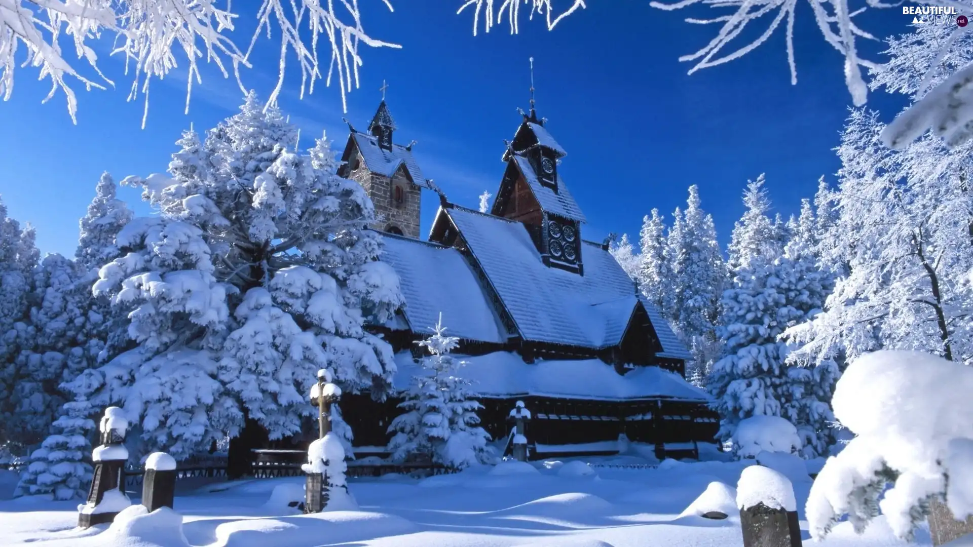 Church, winter, snow, cemetery