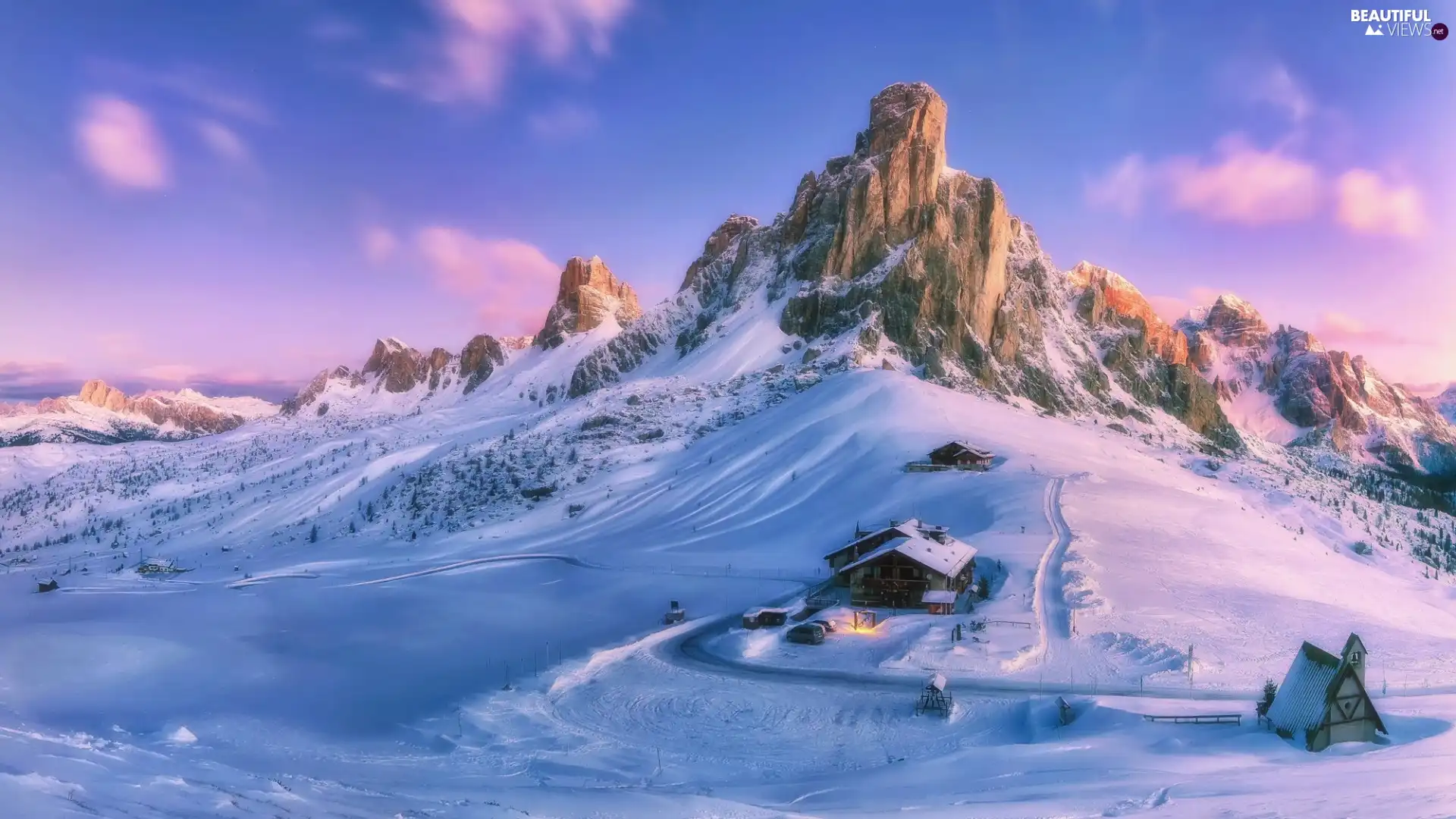 winter, Houses, snow, Mountains