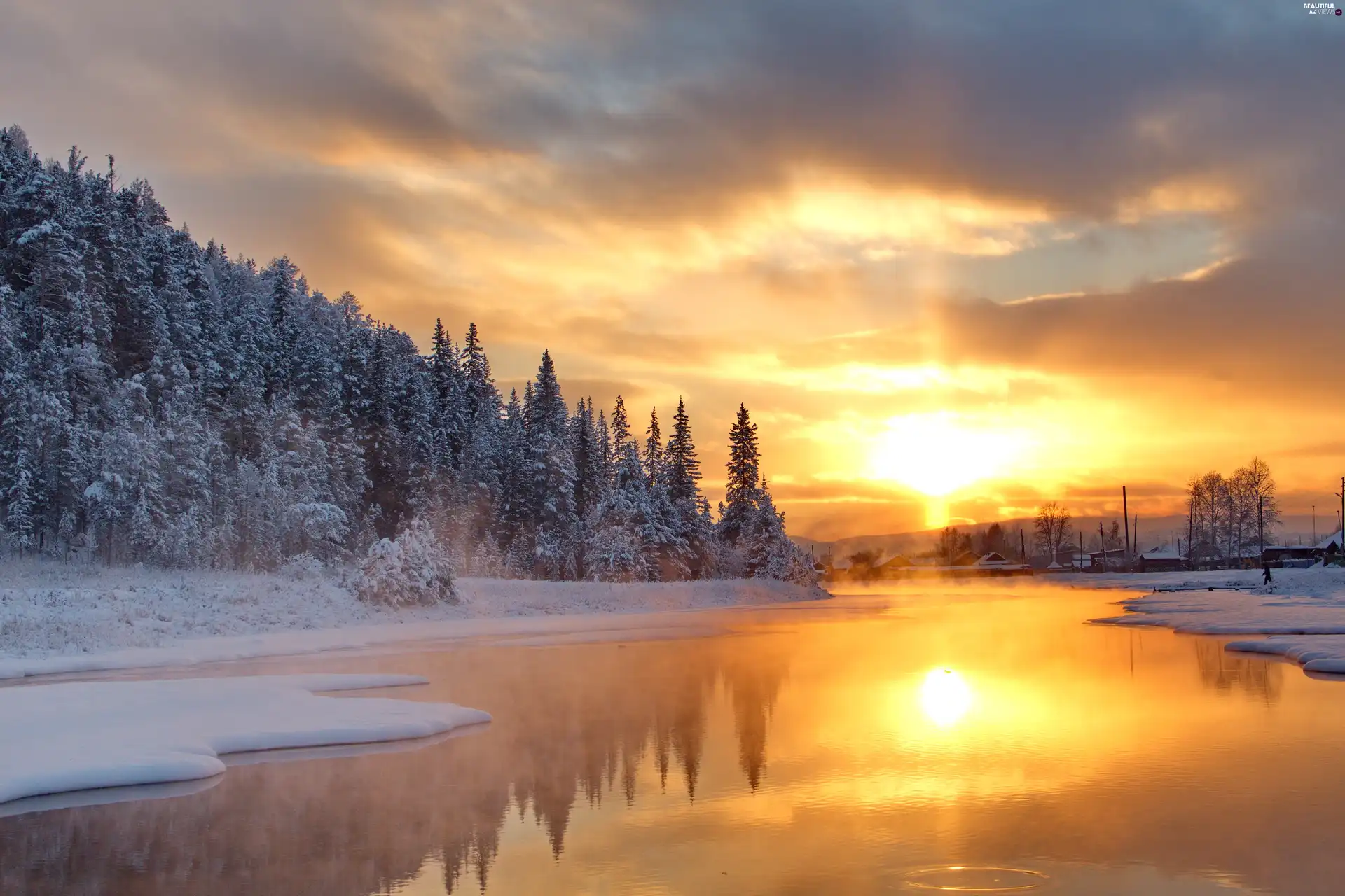 winter, River, snow, Sunrise