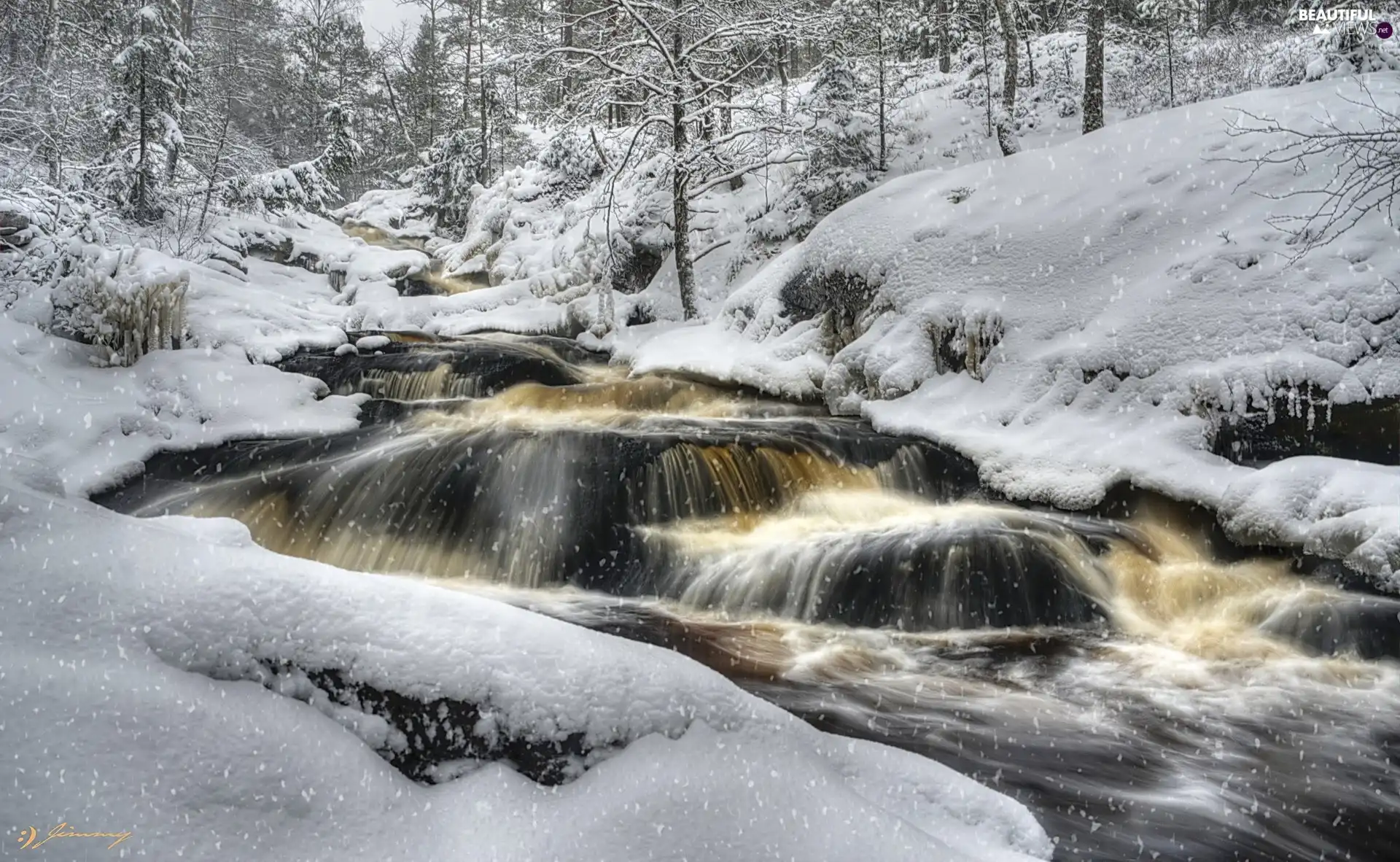 Cascades, forest, snow, winter, water, River