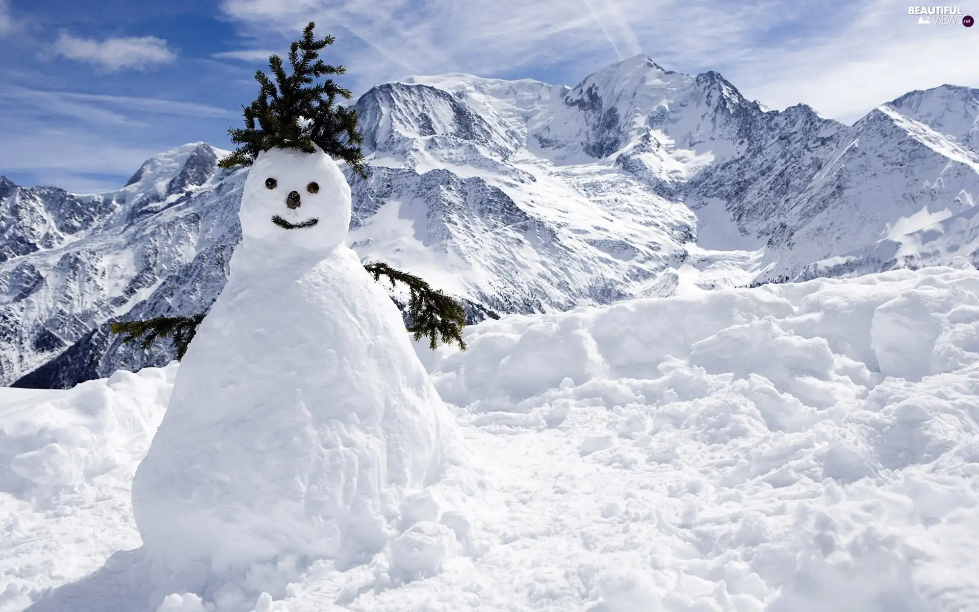 Snowman, winter, Mountains
