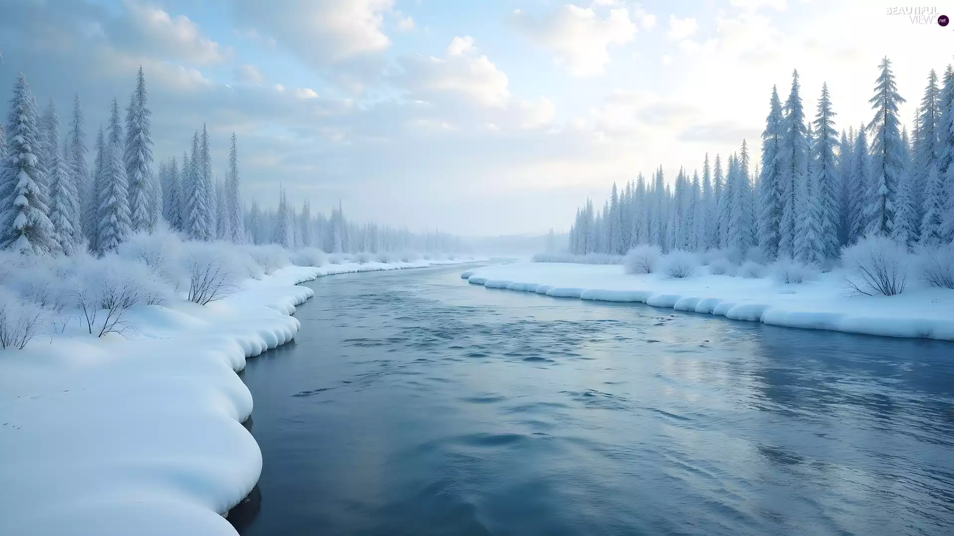 trees, River, Bush, Snowy, winter, viewes, snow