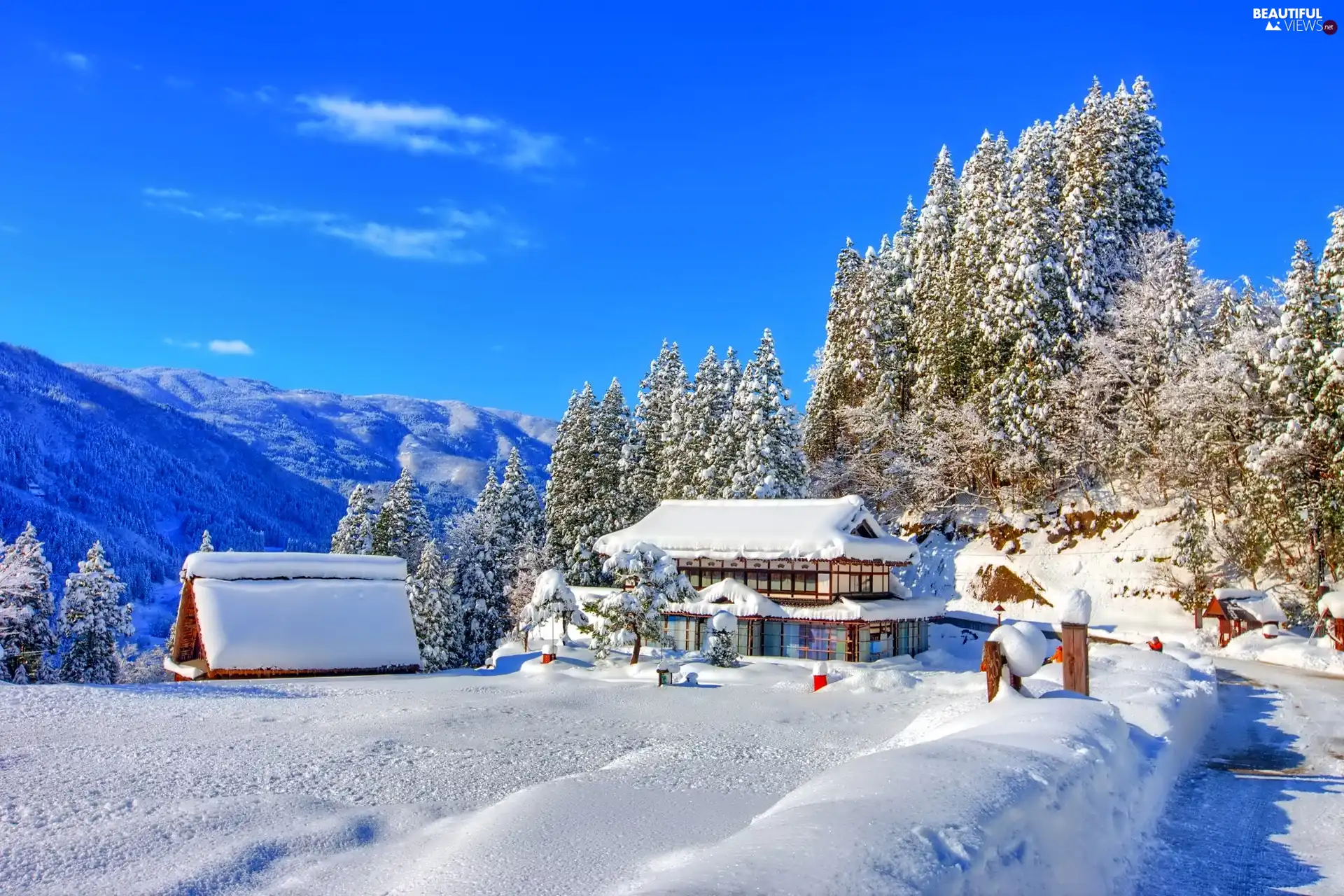 Snowy, Houses, winter, Way, Mountains