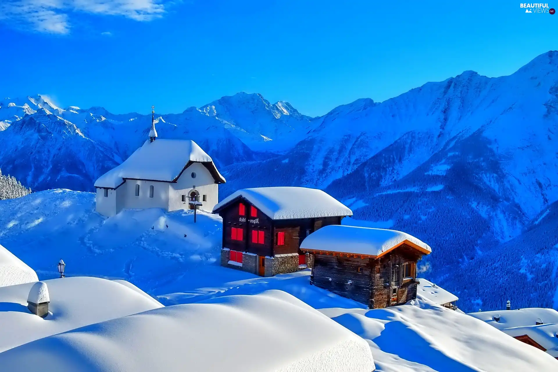 Snowy, Houses, Mountains, church, winter