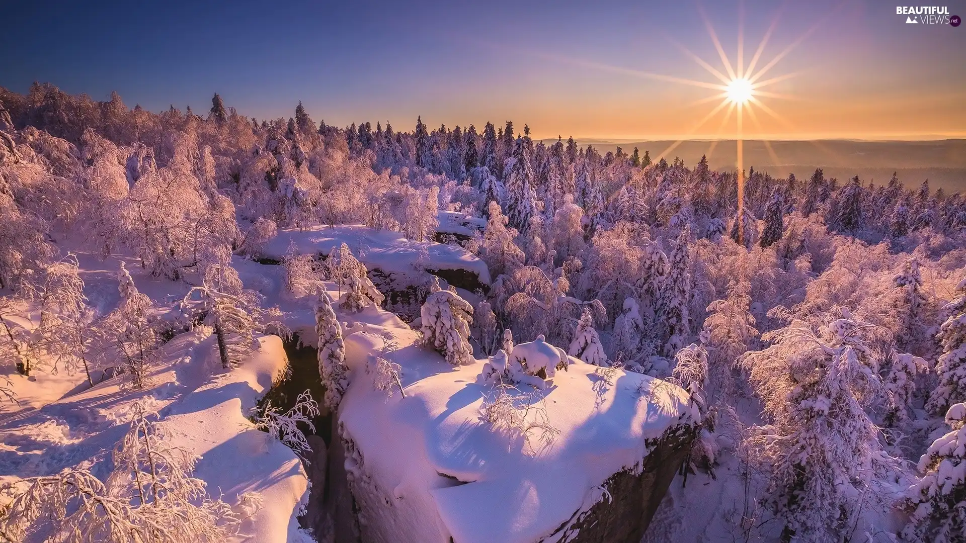 rocks, rays of the Sun, trees, viewes, Snowy