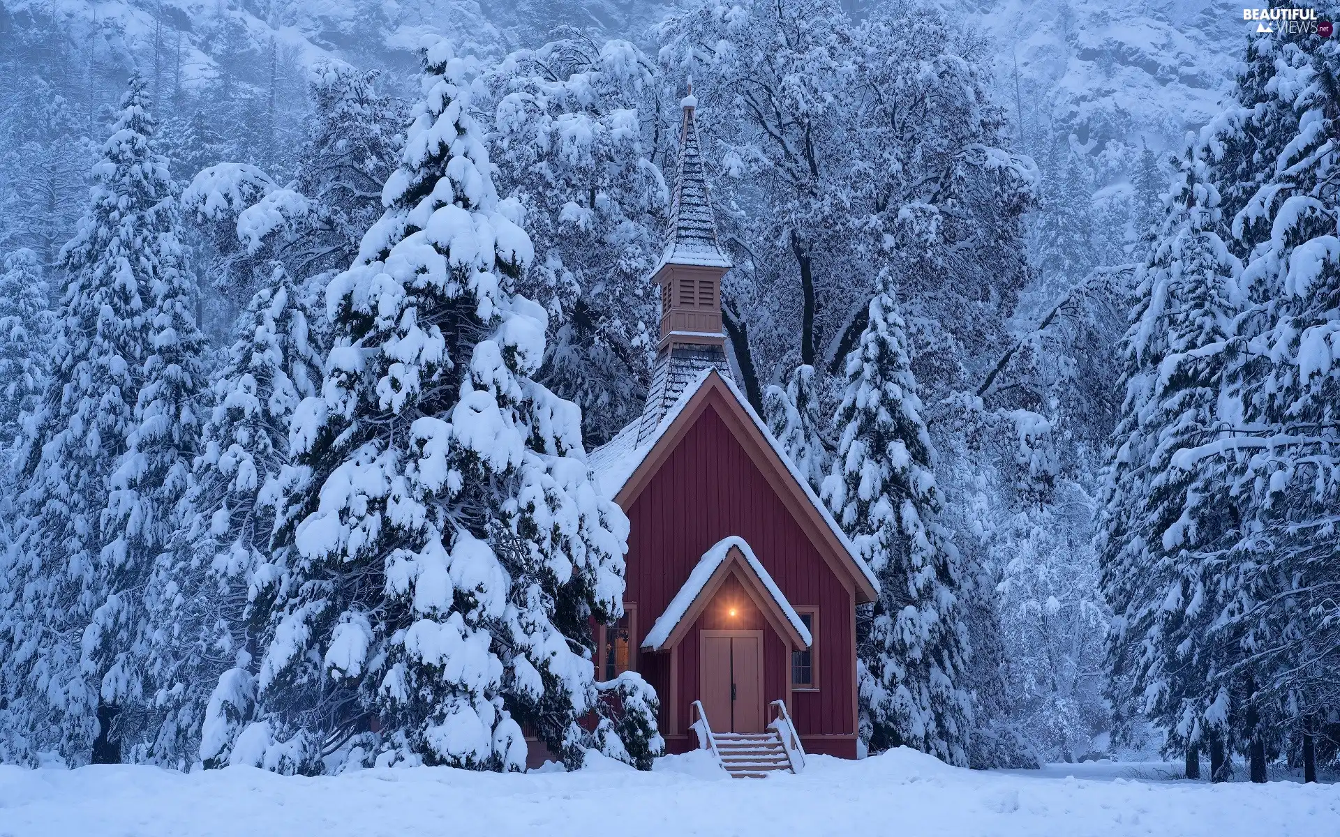 viewes, State of California, winter, church, Snowy, The United States, Yosemite National Park, forest, chapel, trees