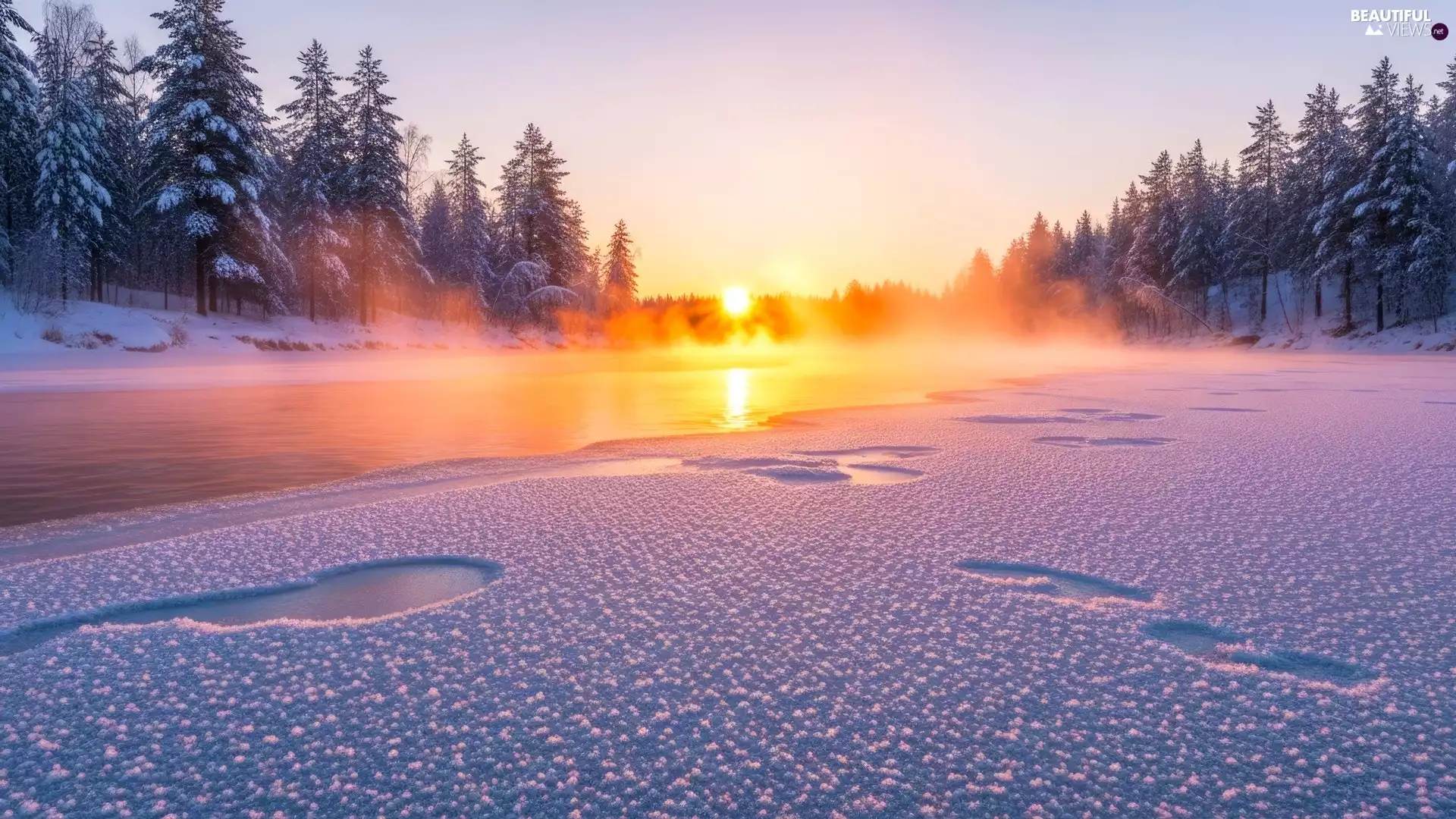 River, Sunrise, trees, snowy, winter, Snowy, viewes