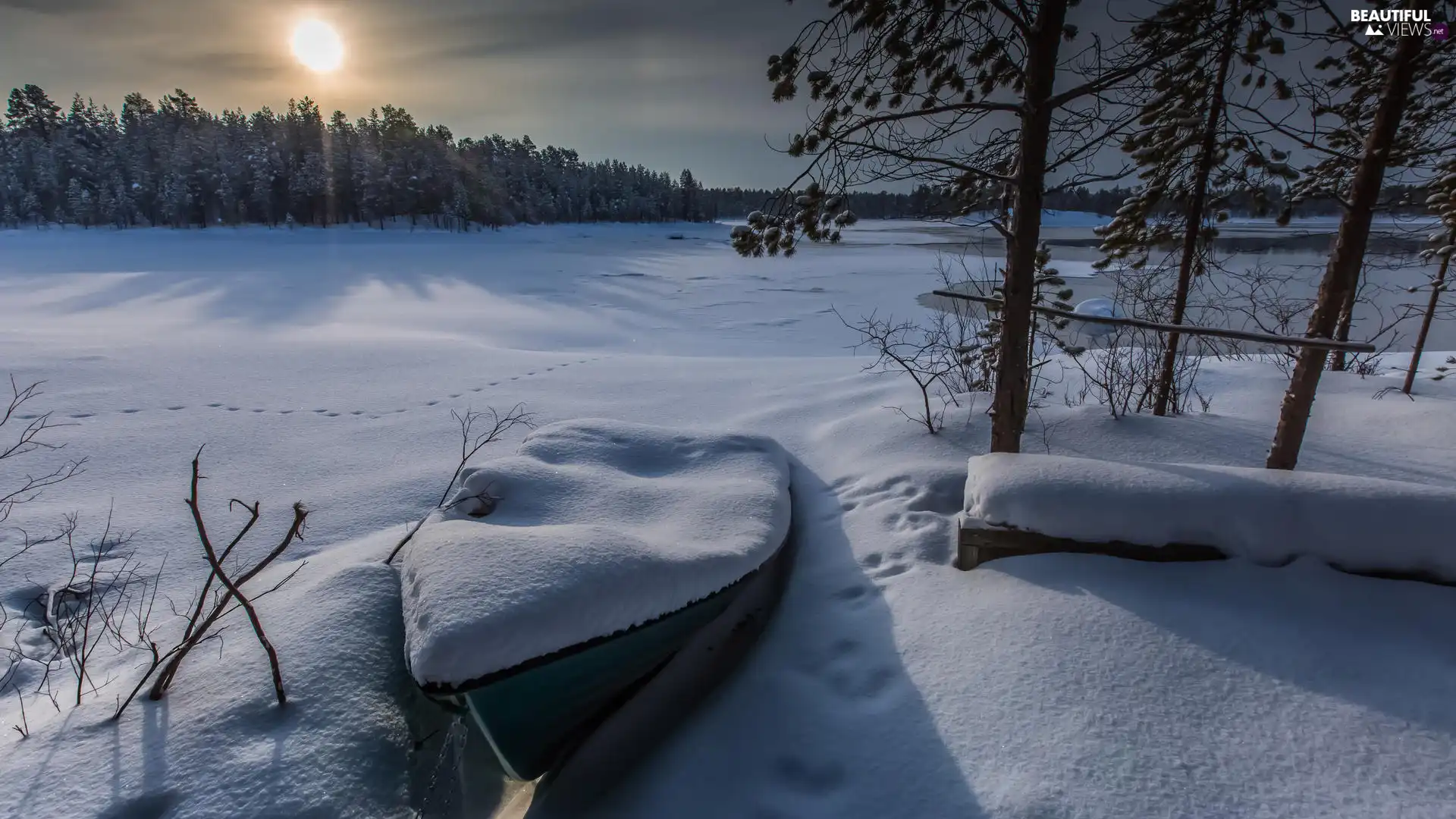 snowy, winter, lake, Boat, sun, traces, trees, viewes, snow