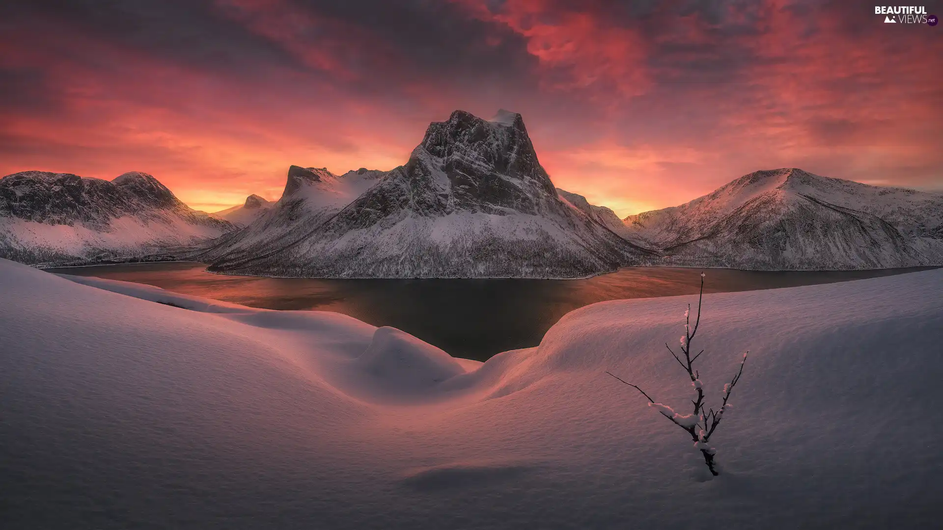 Mountains, Lofoten, winter, Snowy, Norway, sea, Sunrise
