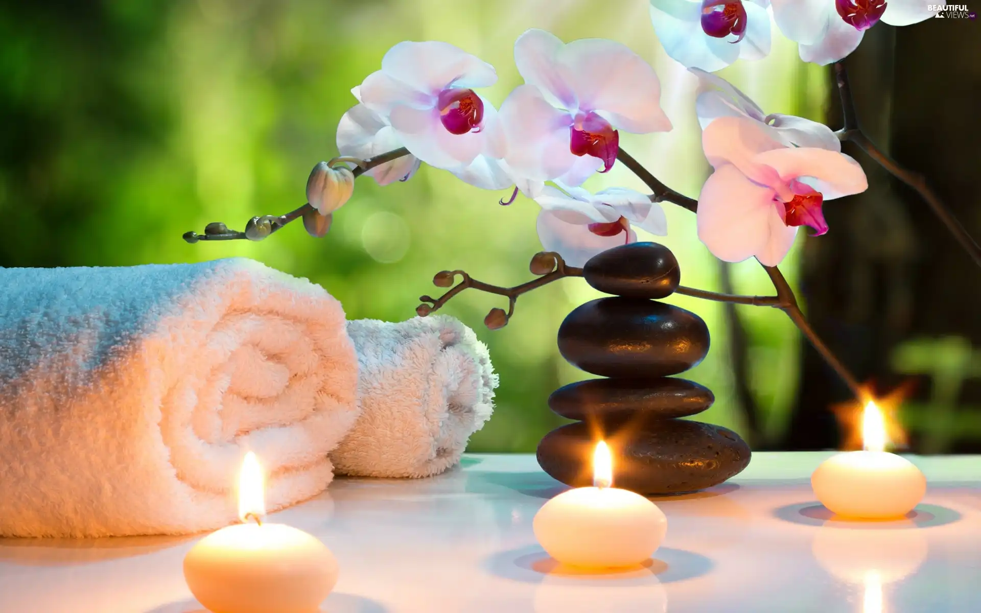 Stones, orchids, Spa, composition, Towels, Candles