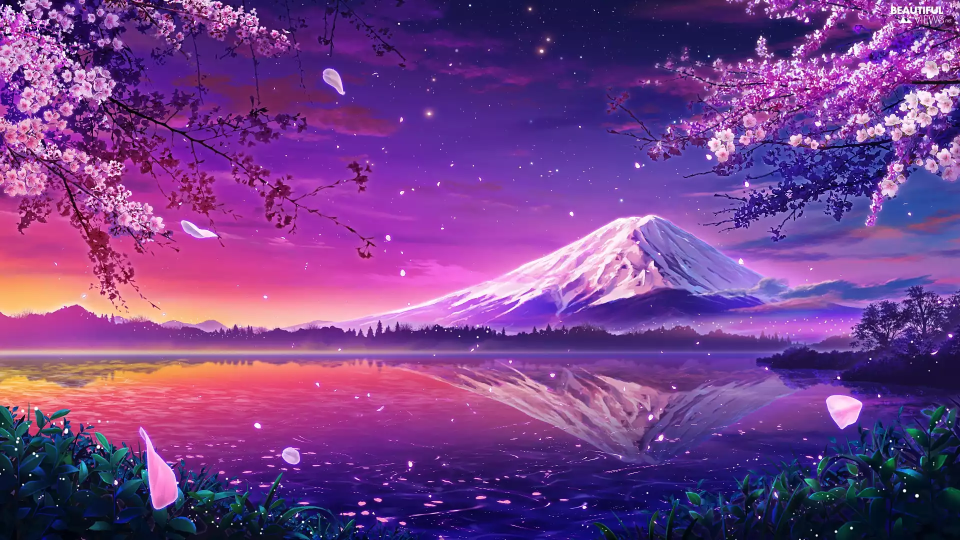 Great Sunsets, graphics, Mount Fuji, Japan, lake, Spring