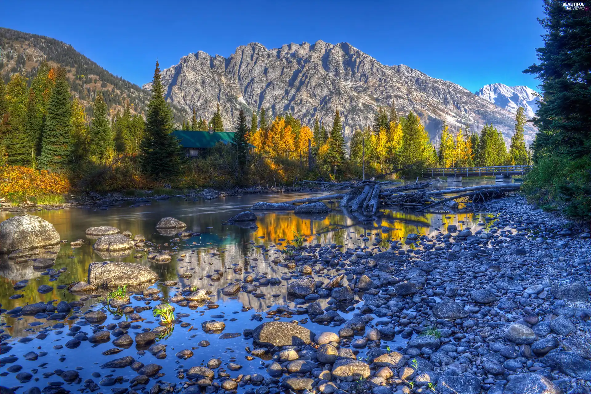 Mountains, Stones, Spruces, River