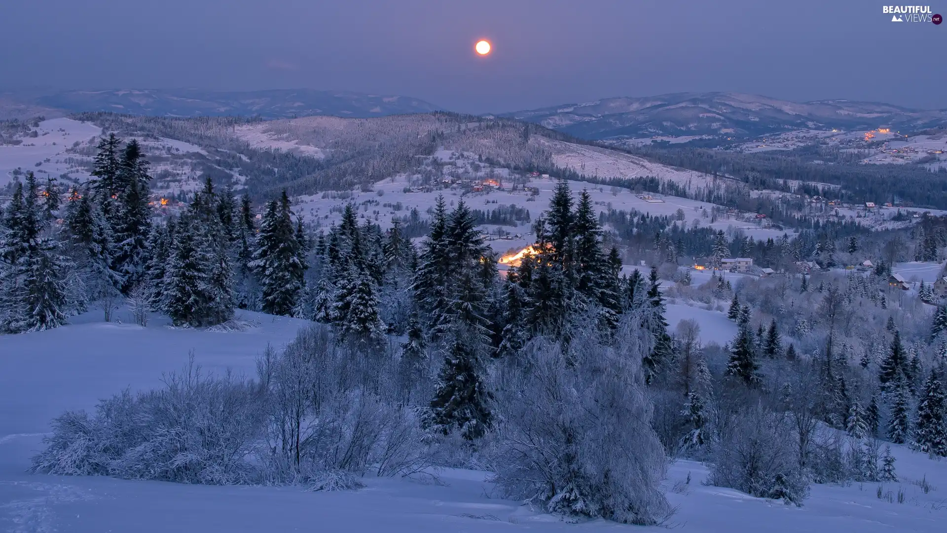 Mountains, trees, snow, viewes, Houses, moon, winter, Spruces