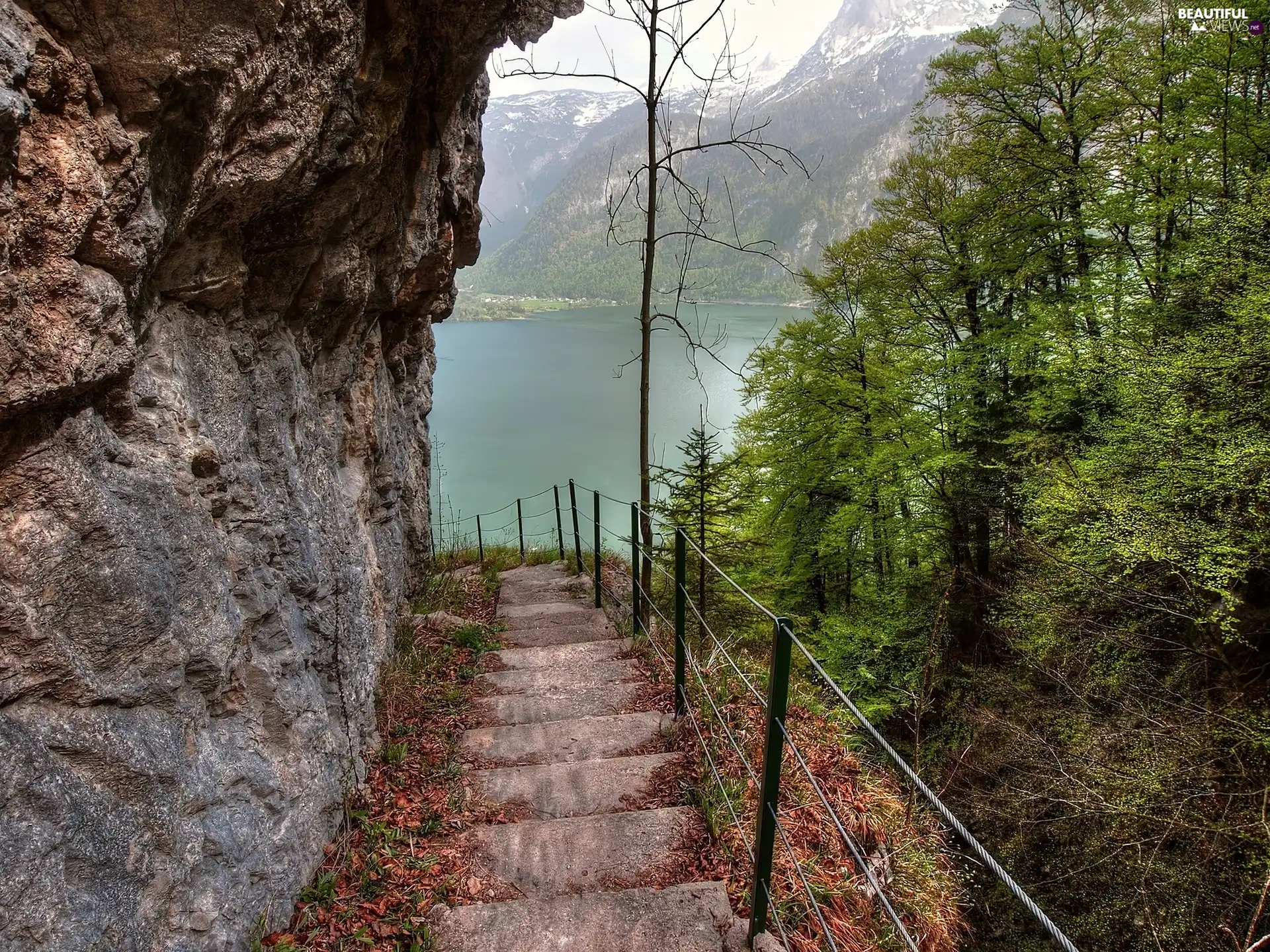 Stairs, descent, lake, Rocks, Mountains