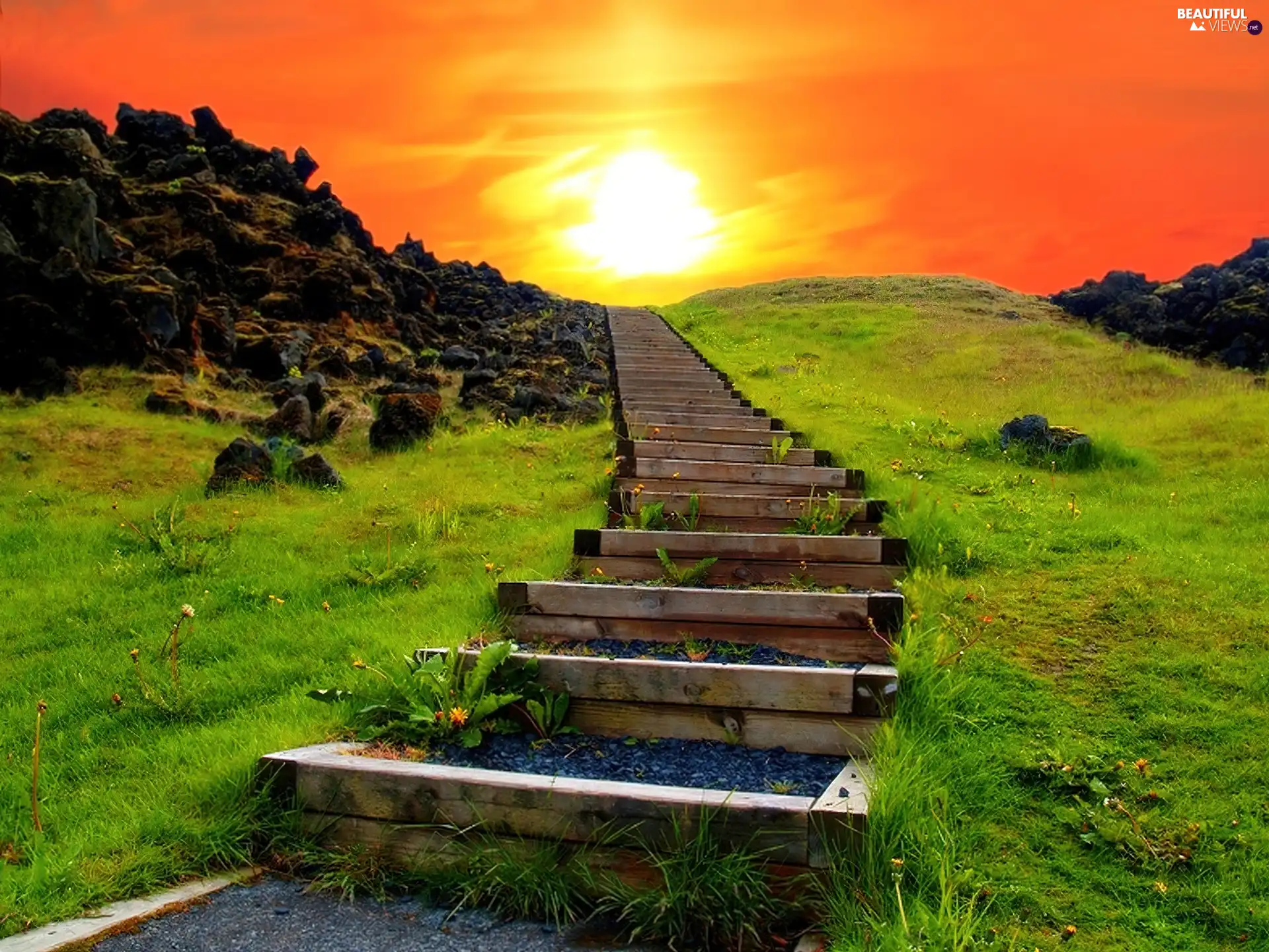 west, Meadow, Stairs, sun