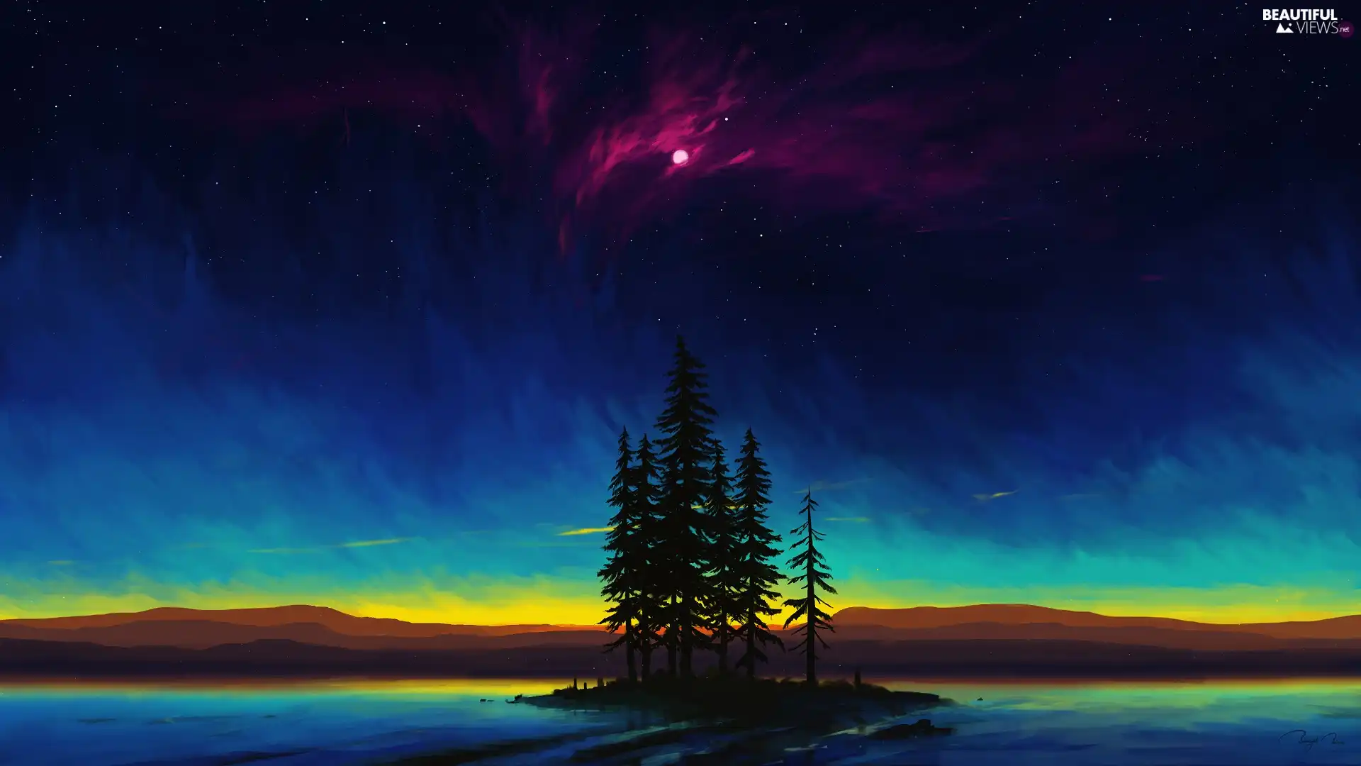 trees, viewes, graphics, Sky, moon, lake, Island, star