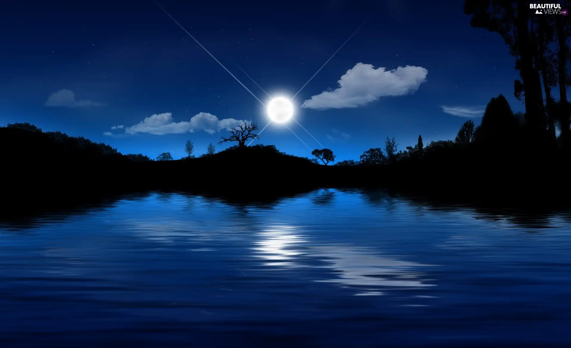 star, reflection, lake, moon, Night