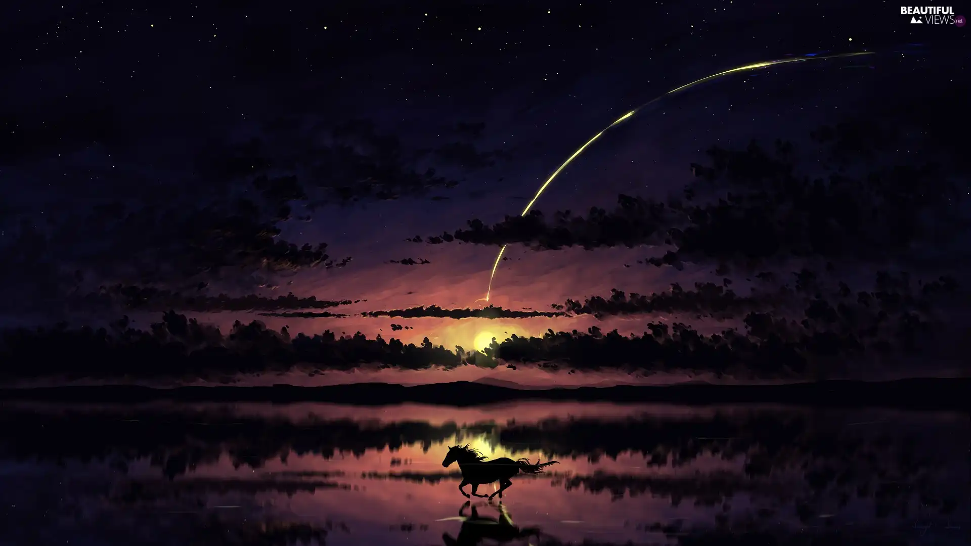 star, Night, moon, lake, Horse, graphics, trees, viewes, reflection