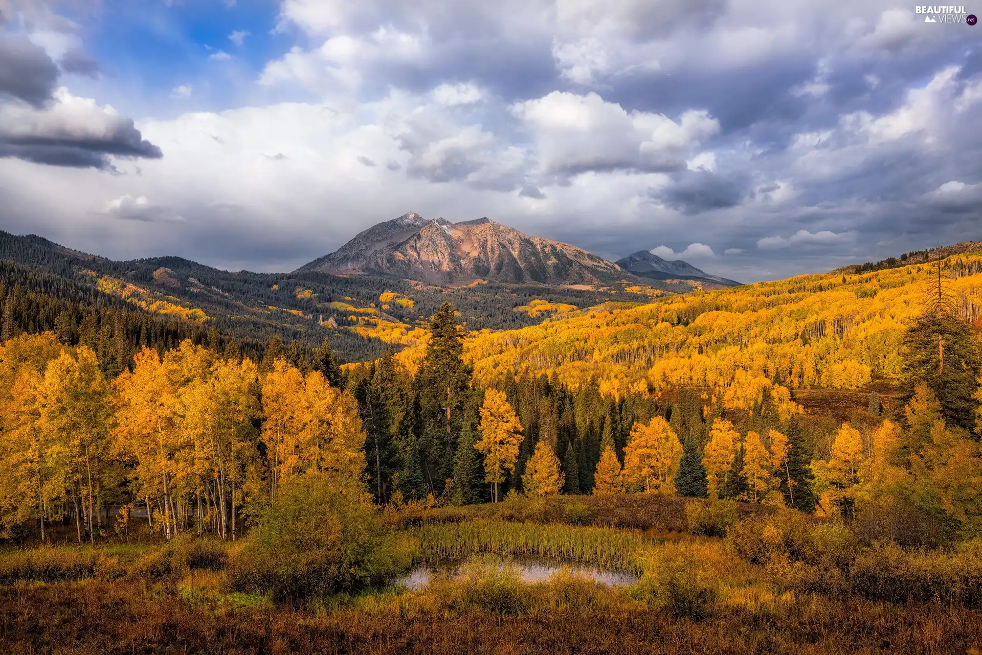 East Beckwith Mountain, autumn, trees, viewes, State of Colorado, The United States, clouds, Gunnison County, Sky